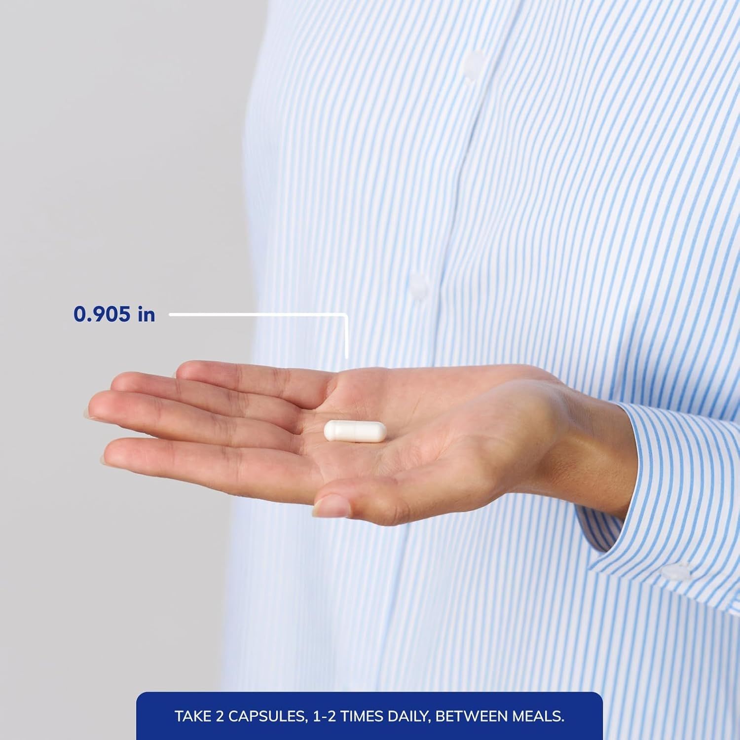 Shows the exact size of the capsule (0.905 inches) to help shoppers understand how large the pill is and whether it will be easy to swallow. Provides clear usage instructions on how to take the…