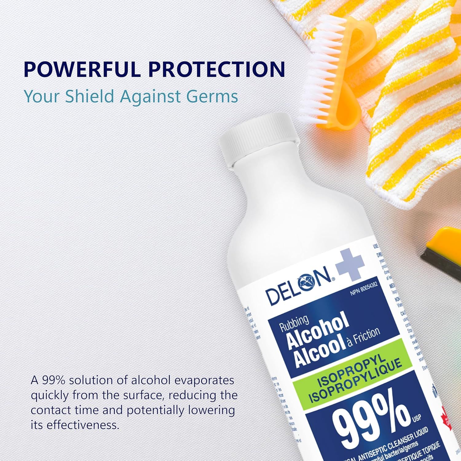 Communicates that the rubbing alcohol provides powerful protection against germs by highlighting its 99% alcohol concentration and fast evaporation properties.