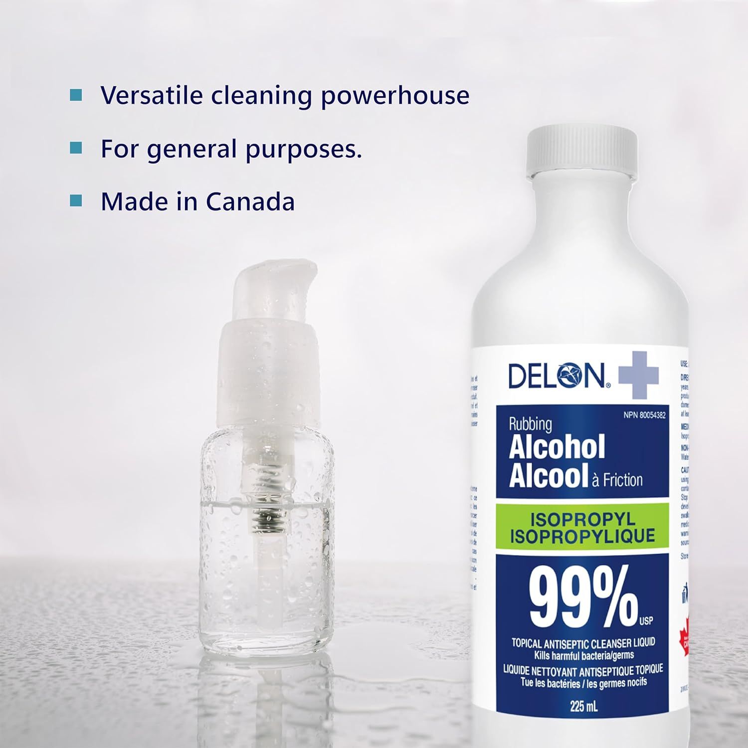 Communicates multiple selling points of the rubbing alcohol product including its versatility for general cleaning, its effectiveness as a cleaning powerhouse, and its Canadian manufacturing origin…