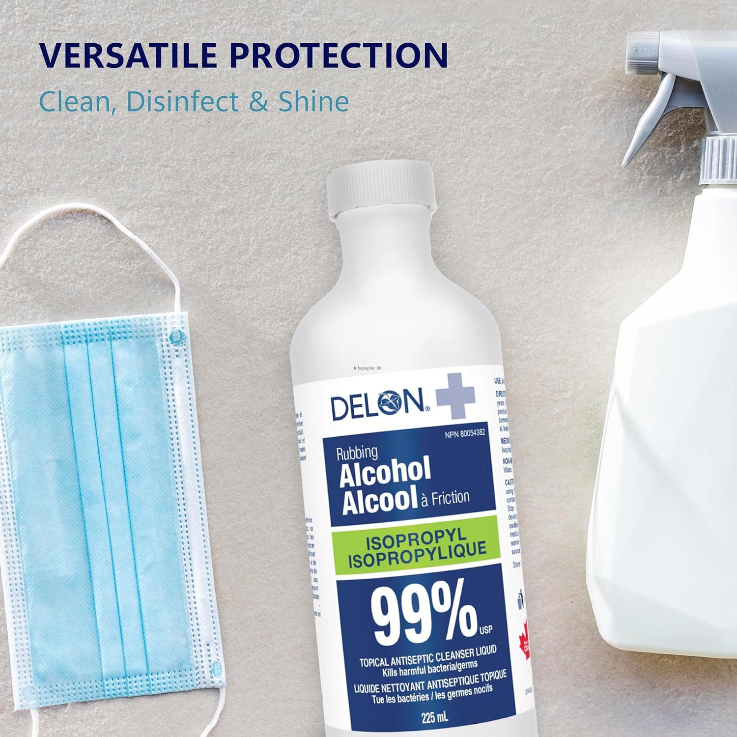 Demonstrates the versatility of the rubbing alcohol product by showing it can be used for multiple purposes including cleaning, disinfecting, and shining, alongside related items like masks and…