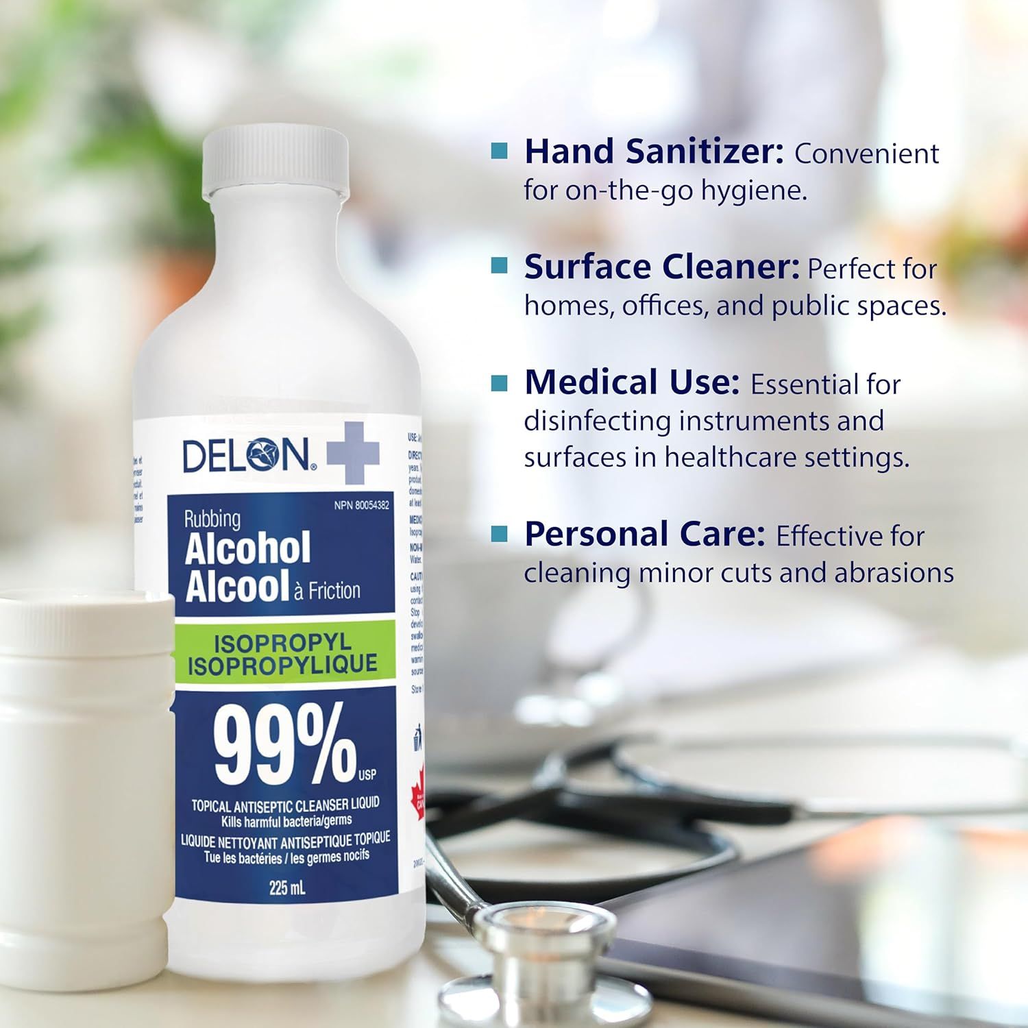 Demonstrates the versatility of the rubbing alcohol by showing four different use cases: on-the-go hygiene, cleaning surfaces in various spaces, disinfecting in healthcare settings, and treating…
