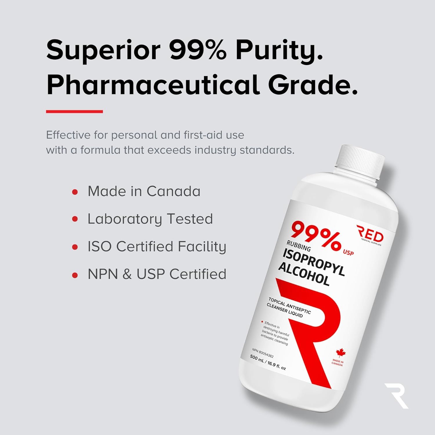 Communicates multiple quality and safety features to reassure shoppers that this isopropyl alcohol product meets high standards and is certified for personal and first-aid use.