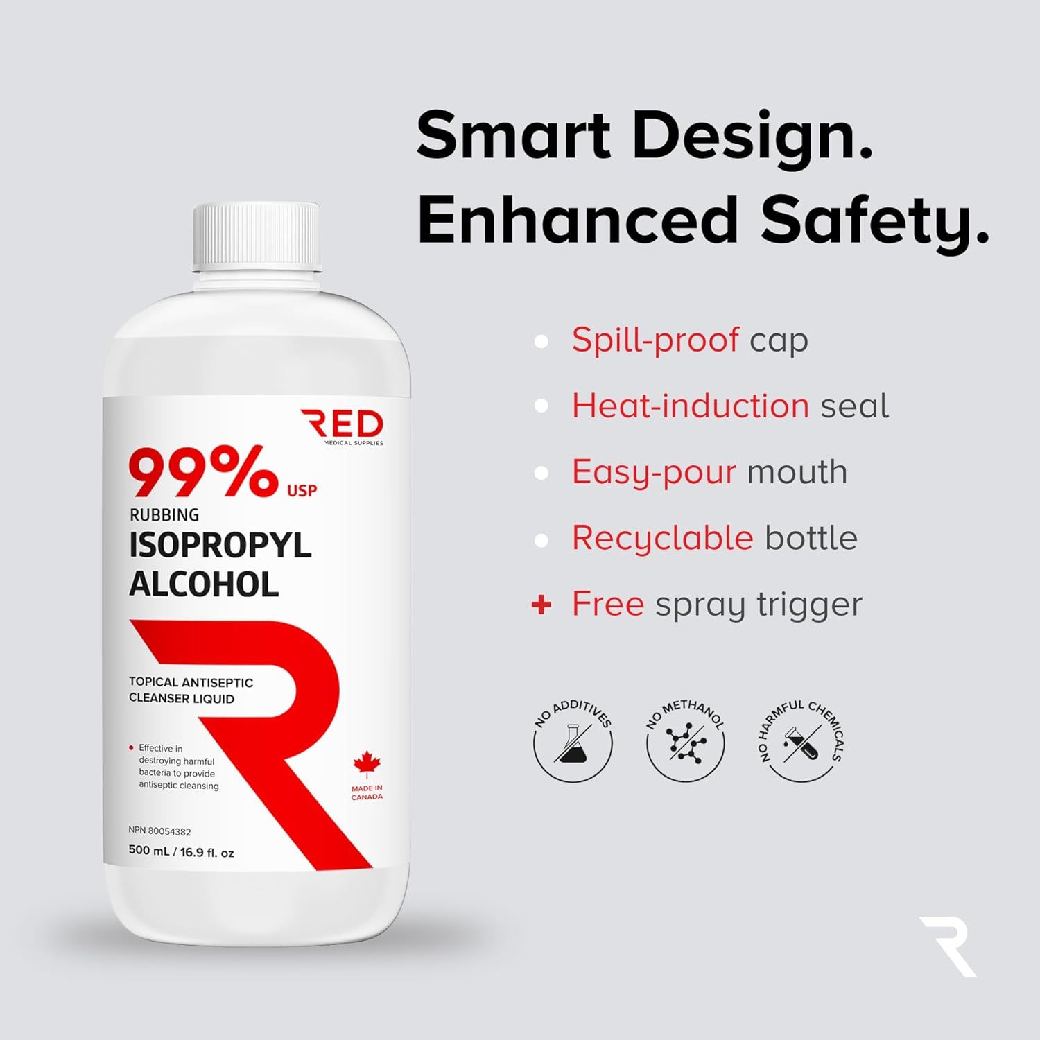 Showcases multiple design and safety features of the isopropyl alcohol bottle to reassure shoppers about the products smart design, safety measures, and added value with a free spray trigger.