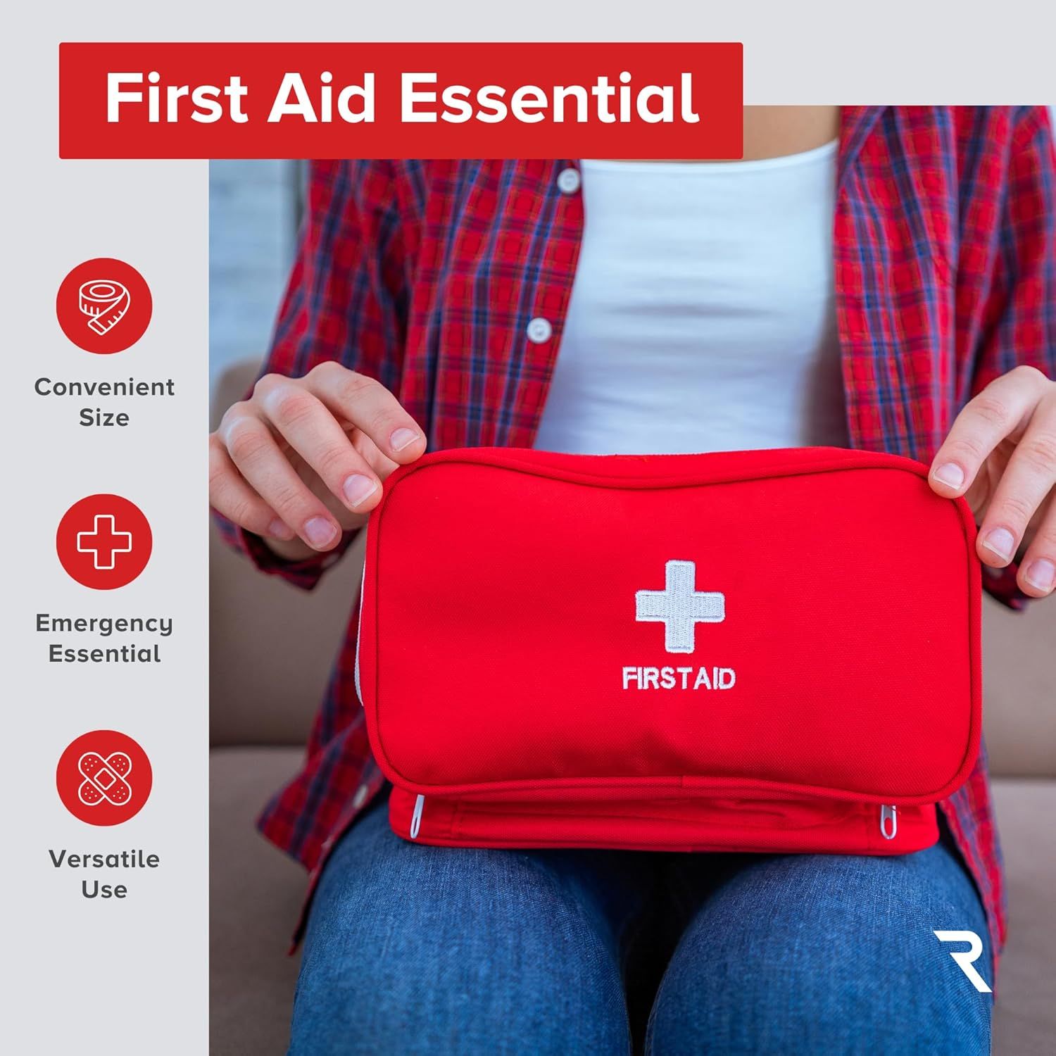 Communicates three key benefits of the first aid kit: its portable size, essential nature for emergencies, and versatility across different use cases.