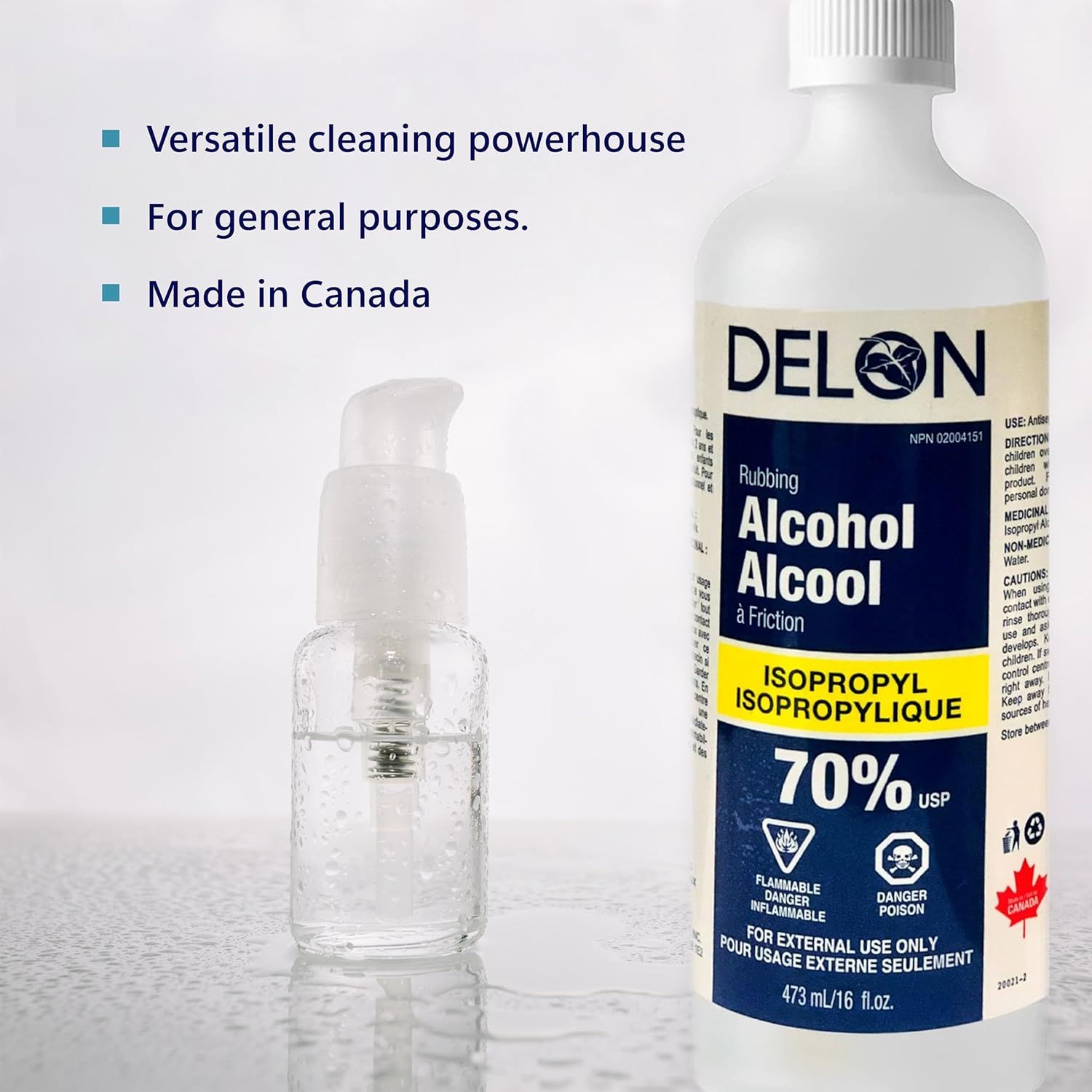 Communicates multiple selling points of the rubbing alcohol product including its versatility for cleaning, general purpose applications, and Canadian manufacturing to build trust and demonstrate…