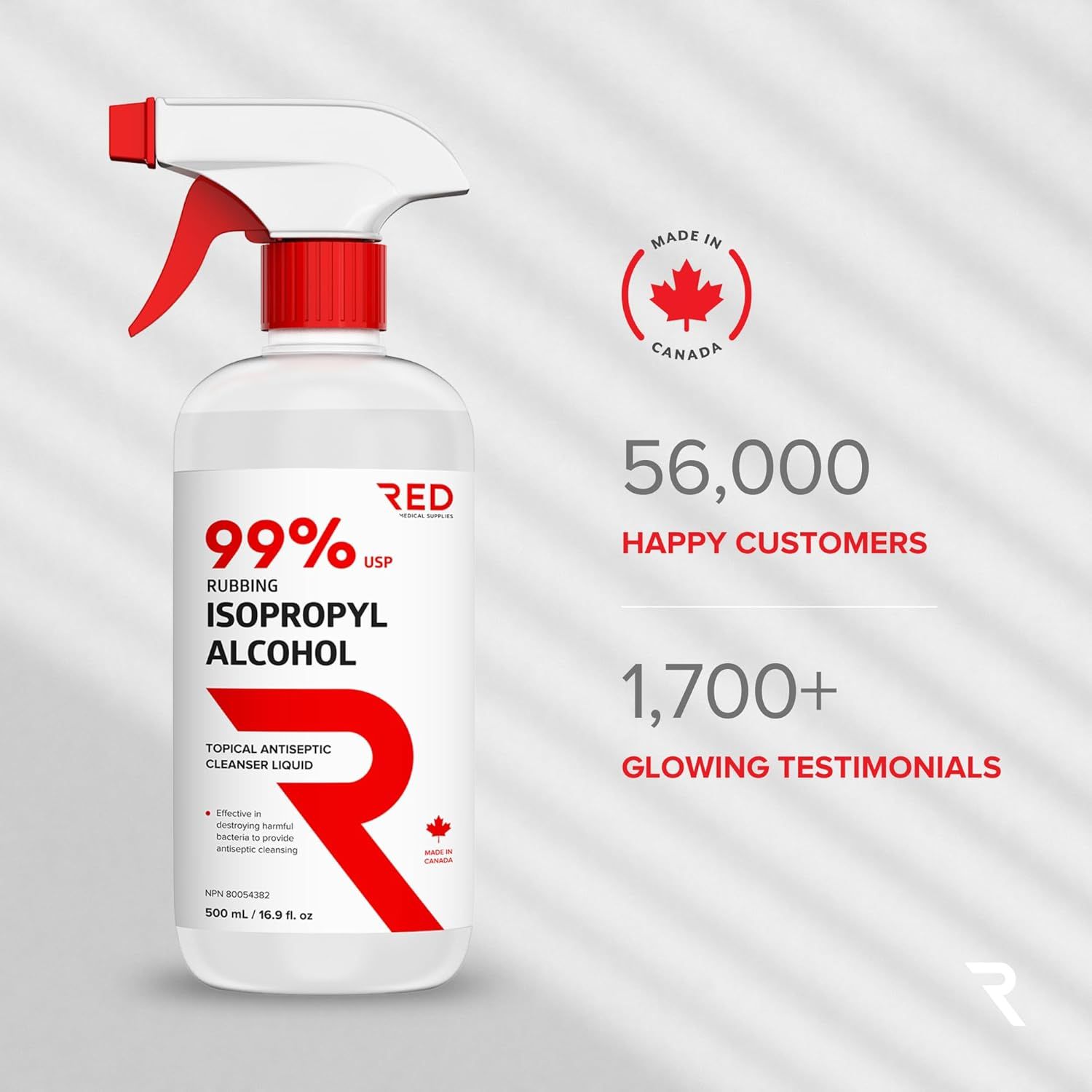 Communicates quantifiable social proof by highlighting 56,000 happy customers and 1,700+ glowing testimonials to build trust and credibility with potential buyers. Emphasizes the Made in Canada…