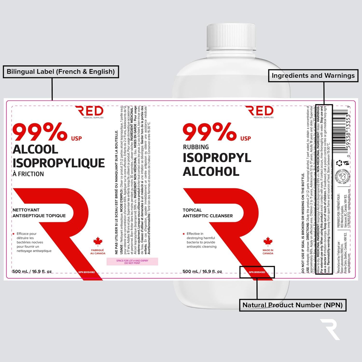 This image breaks down the key informational zones on the product label, highlighting where customers can find bilingual text, ingredients, warnings, and the NPN number to help them understand the…