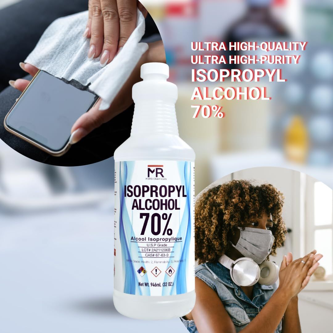 Demonstrates the versatility of the isopropyl alcohol product by showing it can be used for cleaning electronics, disinfecting surfaces, and personal protection in various everyday scenarios.