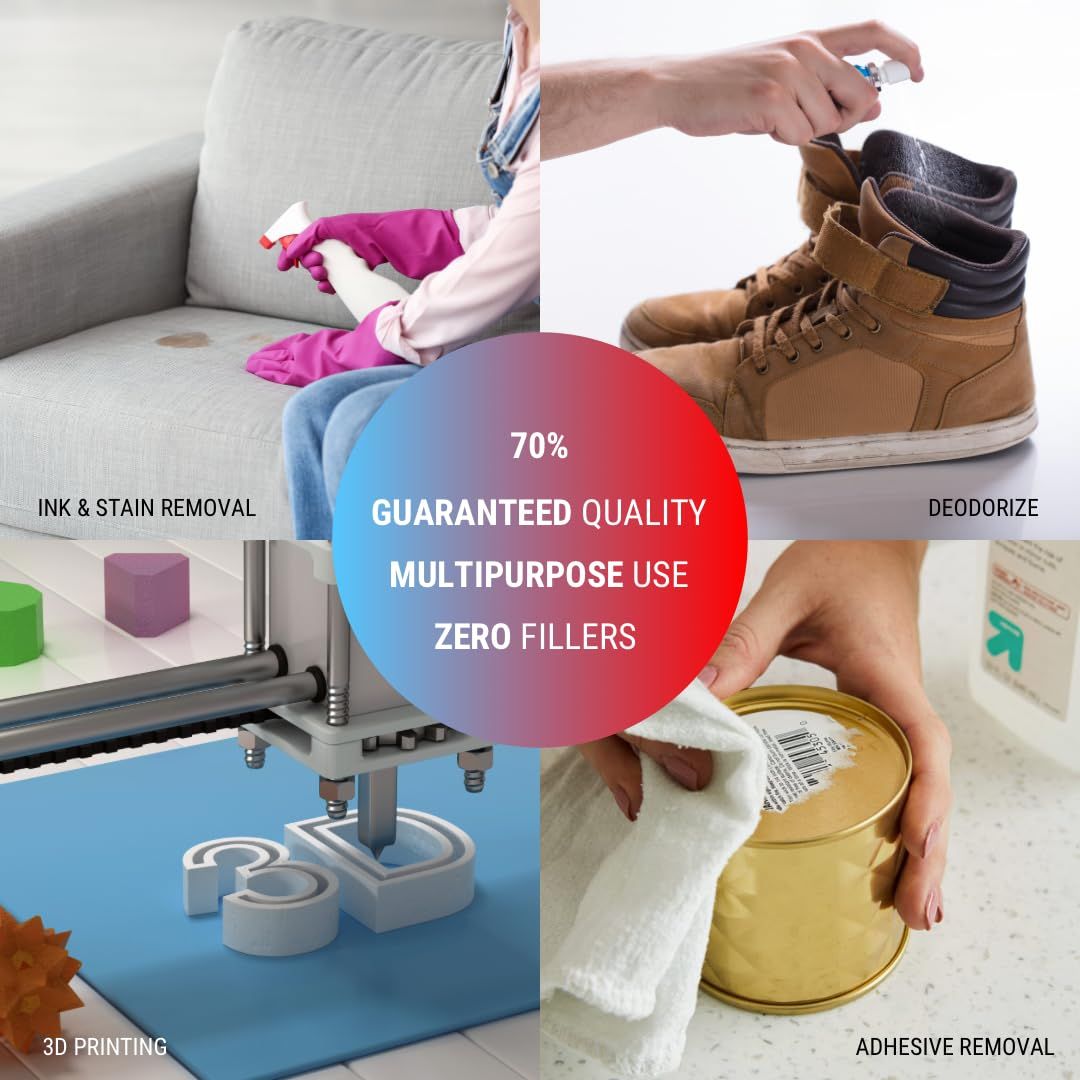Demonstrates the versatility of the product by showing multiple use cases including cleaning stains from furniture, deodorizing shoes, 3D printing applications, and removing adhesive from surfaces.