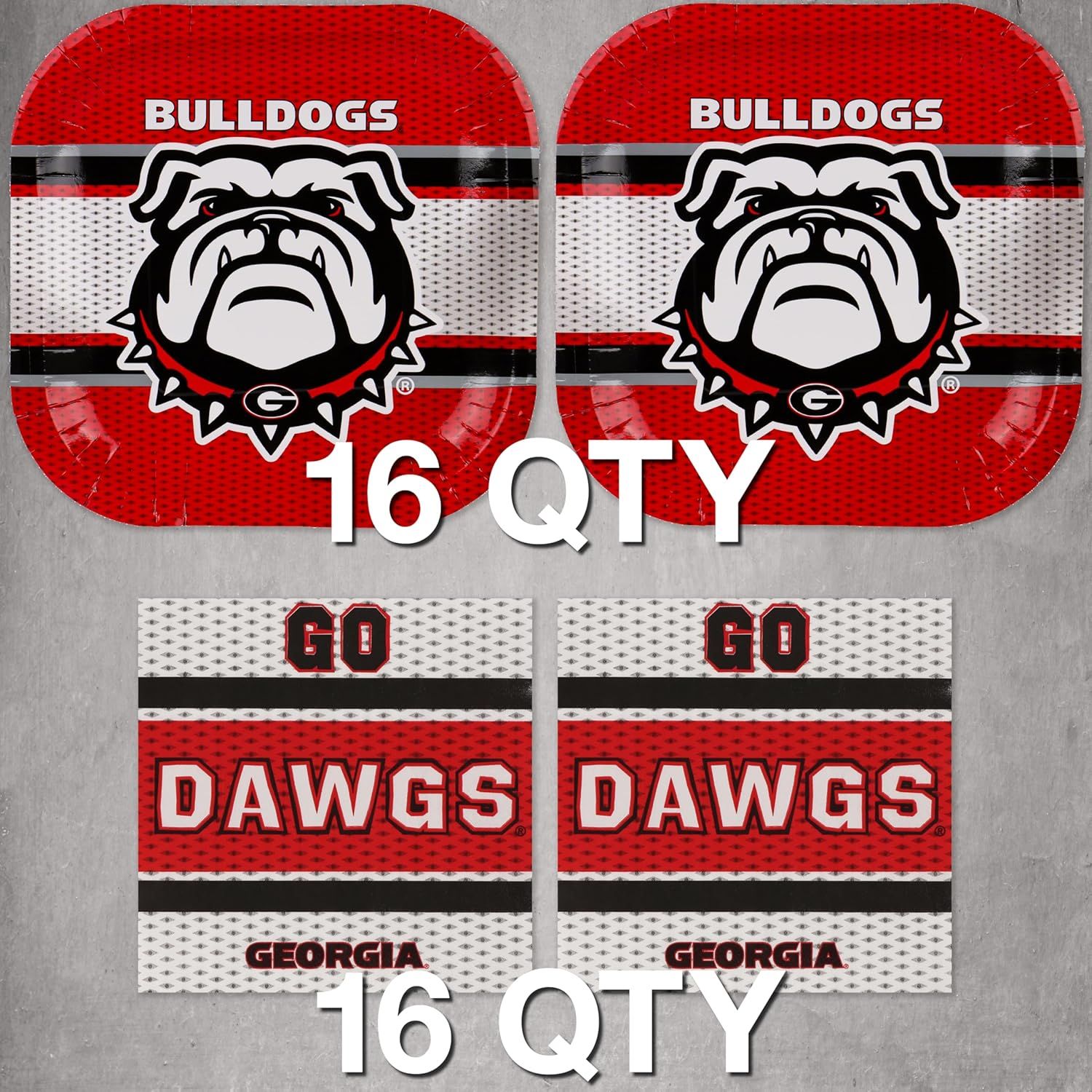 Shows the customer they will receive 16 pieces total in this party pack, including both round plates and square napkins with Georgia Bulldogs branding.