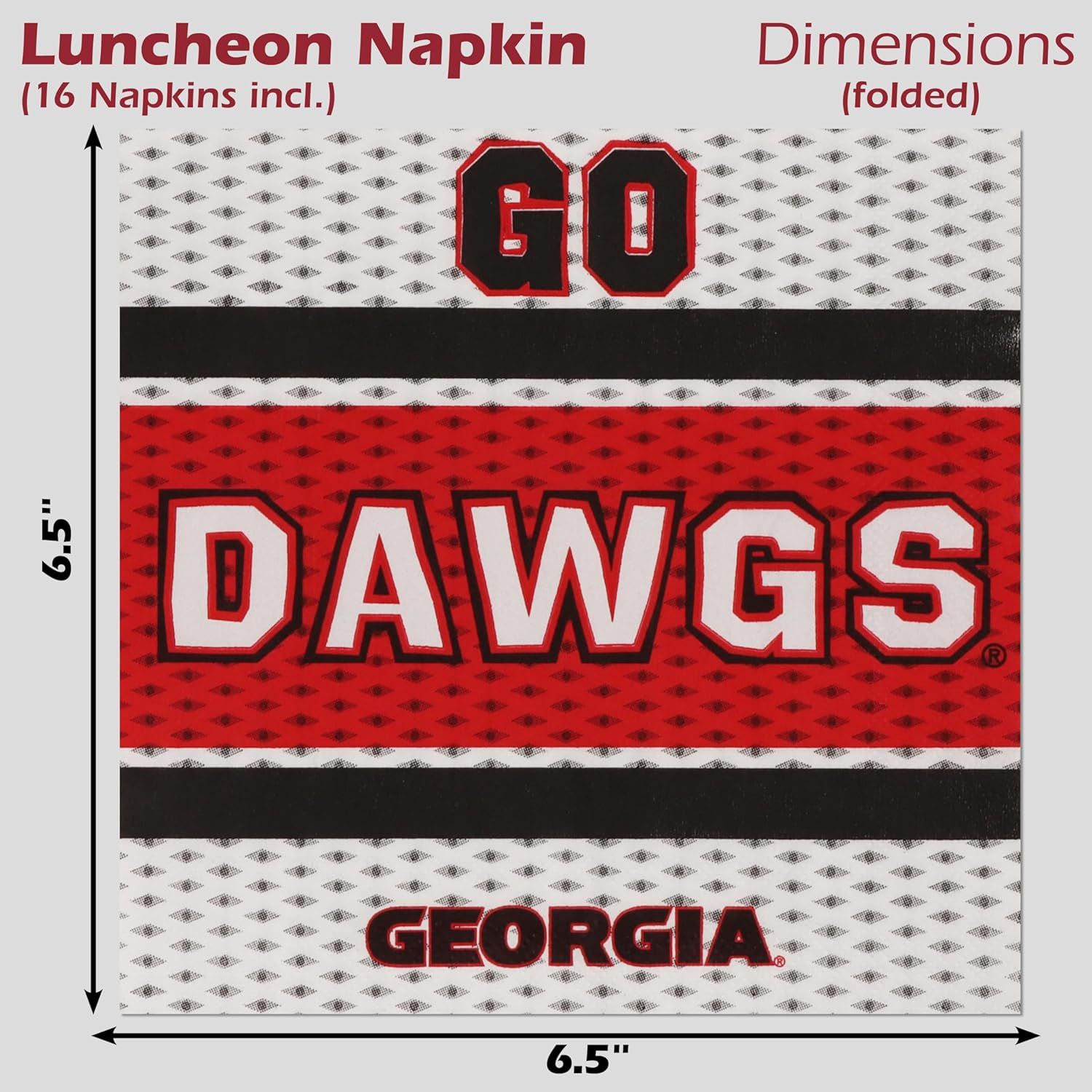 Communicates the exact dimensions of the folded luncheon napkin (6.5 inches by 6.5 inches) to help shoppers understand the physical size of the product they will receive.