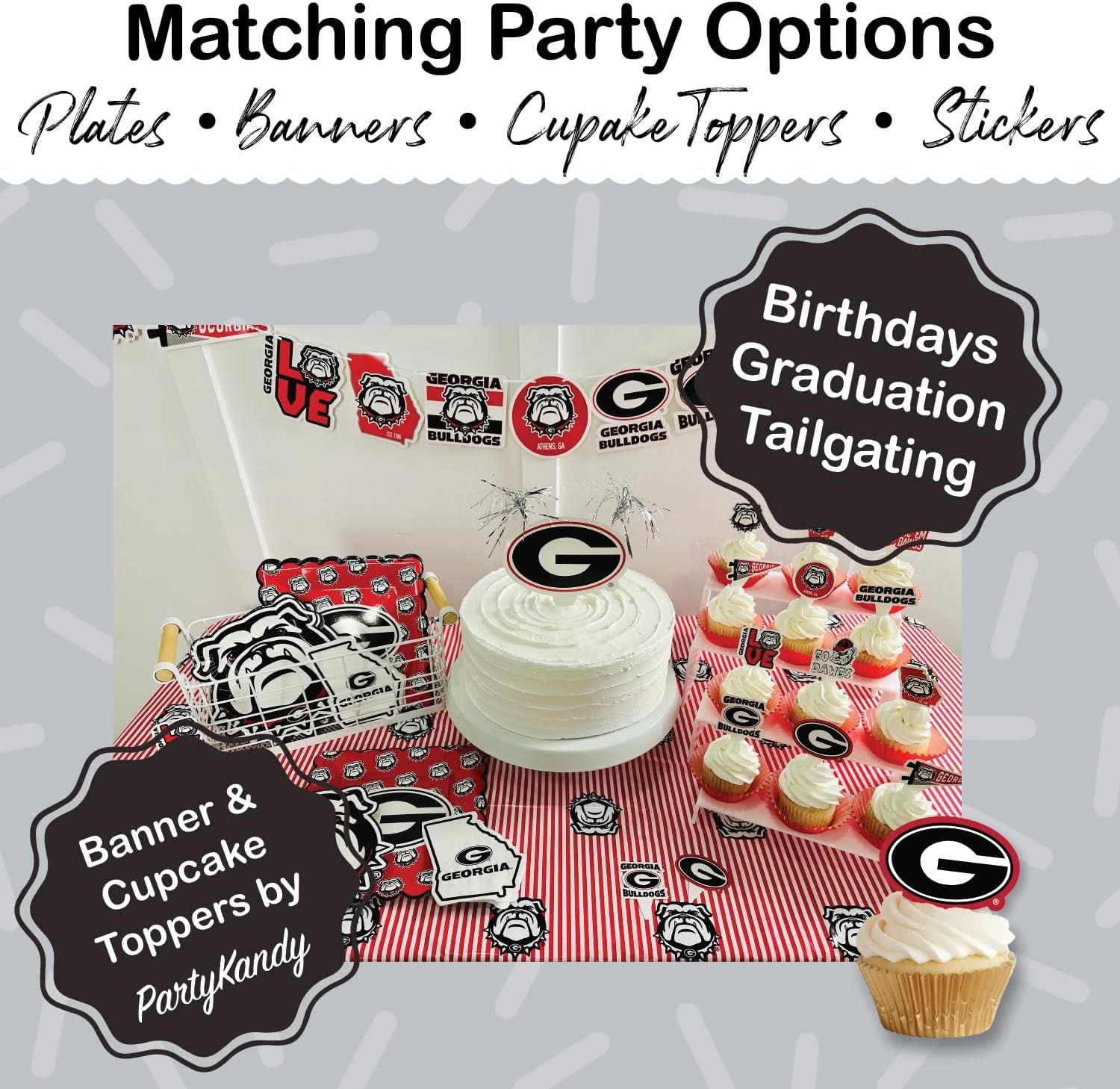 Shows all the party items included in the bundle to help shoppers understand the complete set they will receive for birthdays, graduations, or tailgating events. Demonstrates the versatility of the…