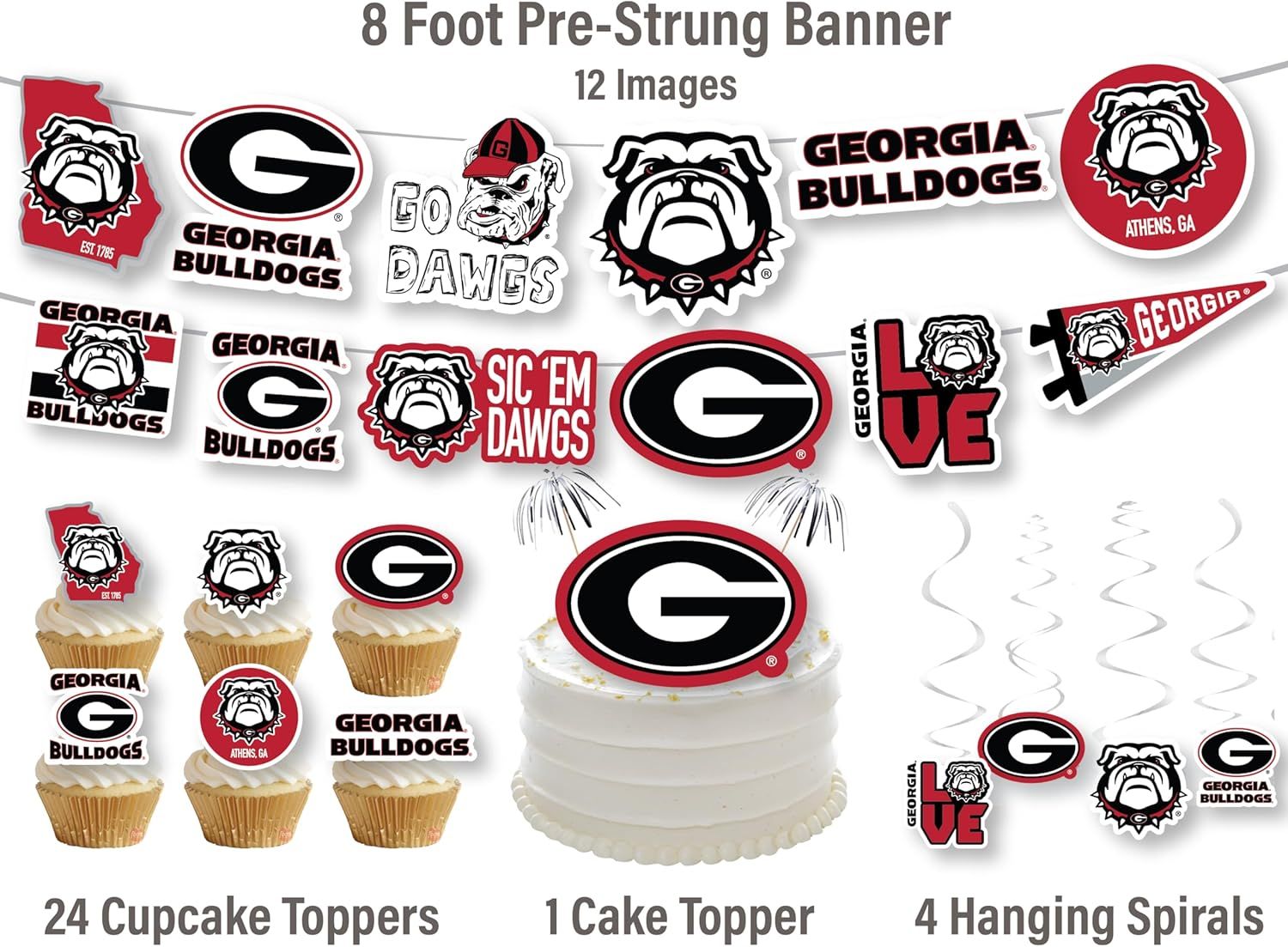 Shows everything included in the package: an 8-foot banner with 12 images, 24 cupcake toppers, 1 cake topper, and 4 hanging spirals, helping shoppers understand the full value and contents of their…