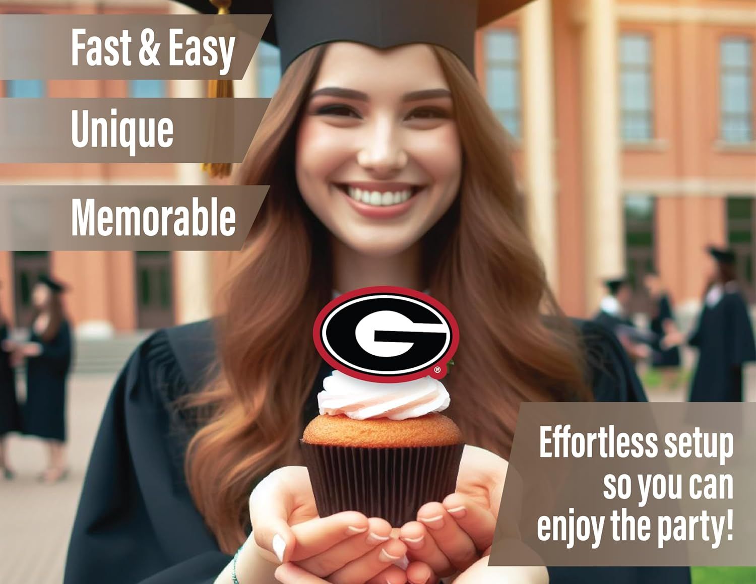 Communicates multiple benefits of the product including ease of use, uniqueness, memorability, and effortless setup to appeal to customers planning graduation parties or events.