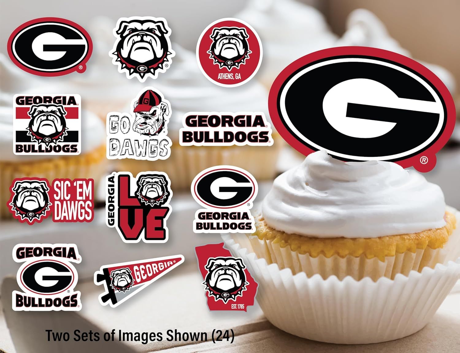 Shows all the different sticker designs included in the package to help shoppers understand the variety and quantity they will receive. Demonstrates how the stickers can be used as cupcake toppers…