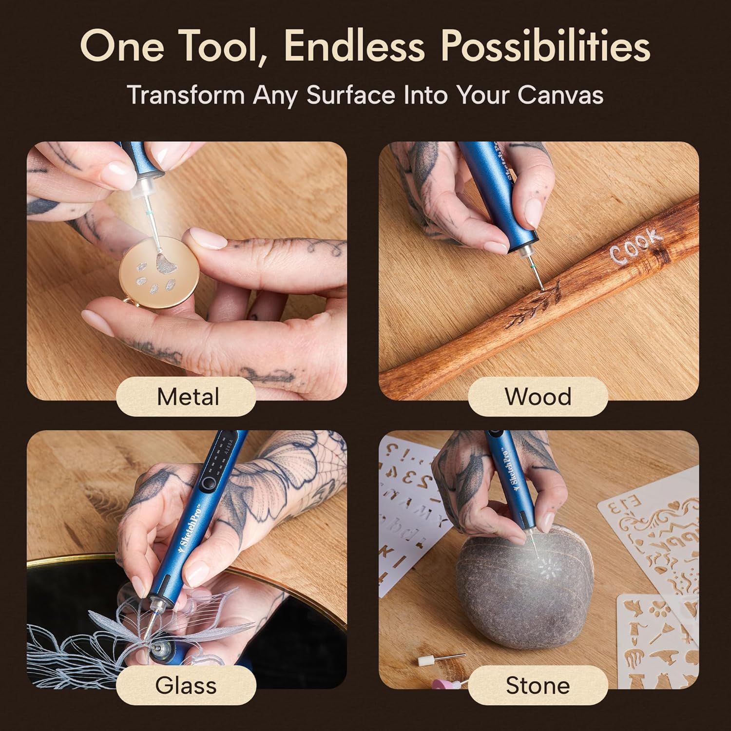 Demonstrates the versatility of the engraving tool by showing it can be used on multiple materials including metal, wood, glass, and stone, helping shoppers understand the wide range of applications.
