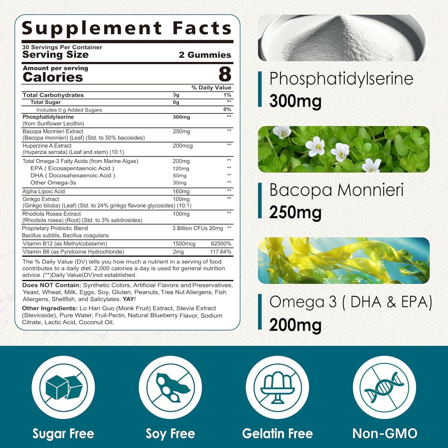 Showcases multiple key ingredients and product benefits to communicate the comprehensive nutritional profile and dietary attributes of the supplement gummies.