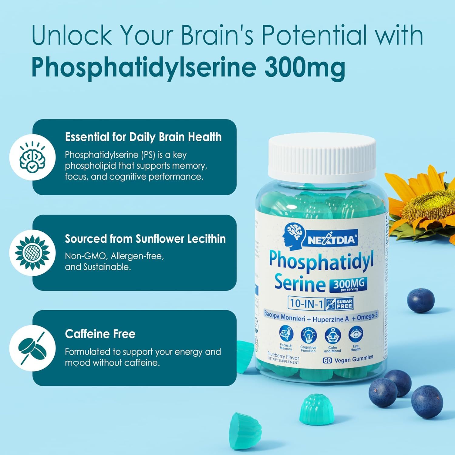 Communicates multiple key benefits of the supplement including brain health support, natural sourcing from sunflower lecithin, and caffeine-free formulation to help shoppers understand the product's…