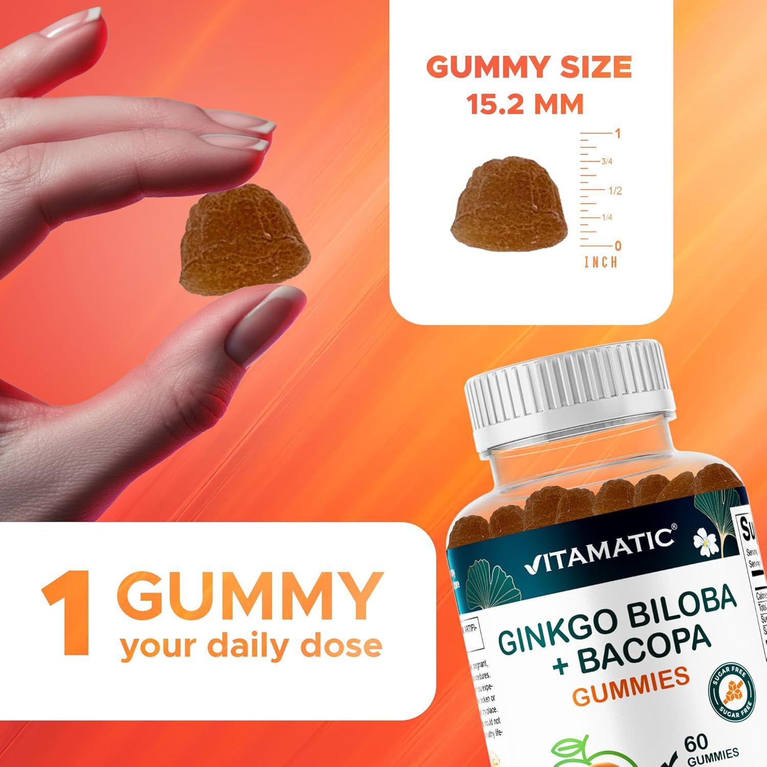 Communicates the physical size of the gummy supplement and the simple daily dosage of one gummy to help shoppers understand product dimensions and ease of use.
