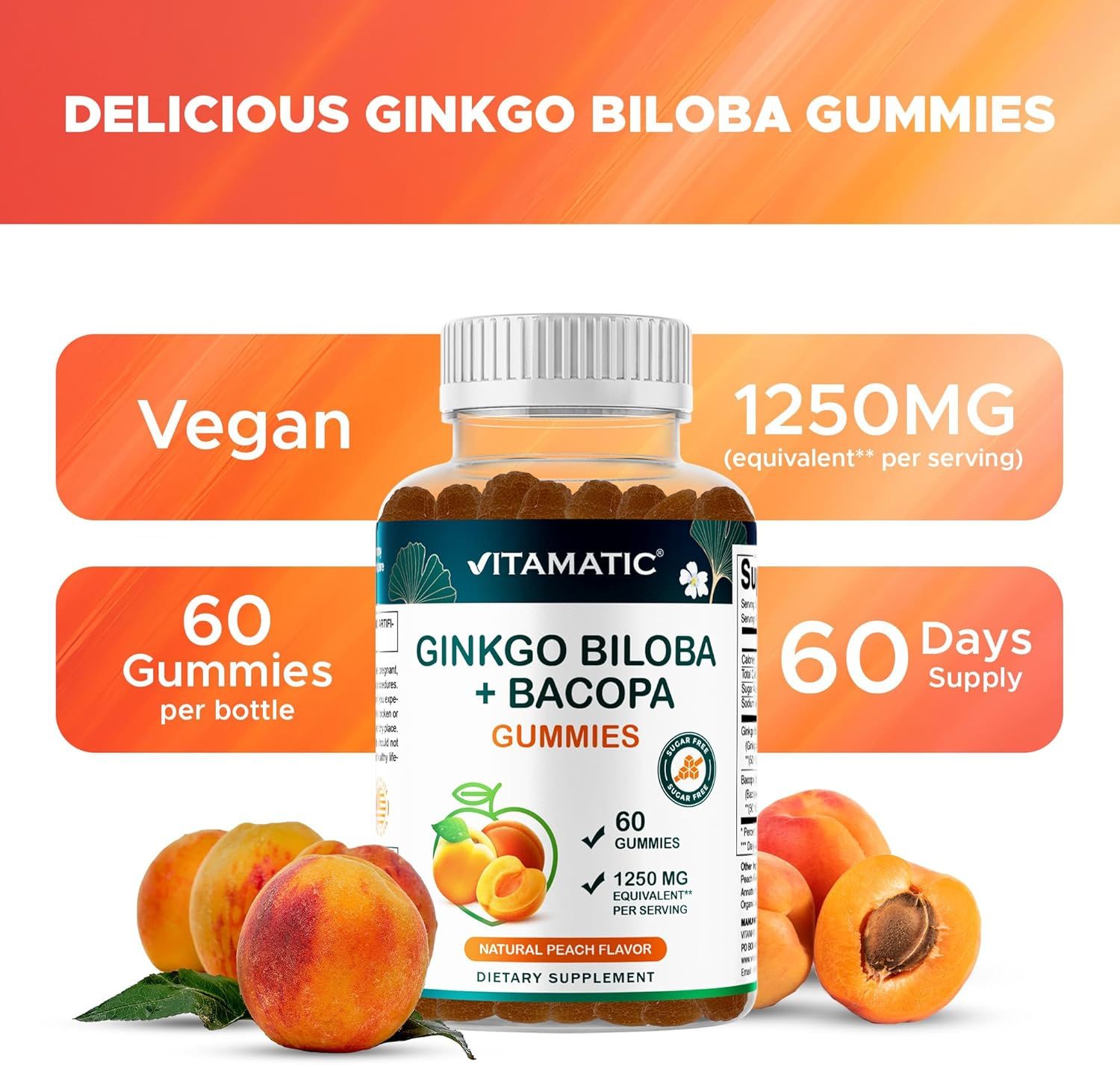 Communicates multiple key product features including vegan formulation, dosage strength, quantity, supply duration, and flavor to help shoppers quickly assess the product's value and suitability.