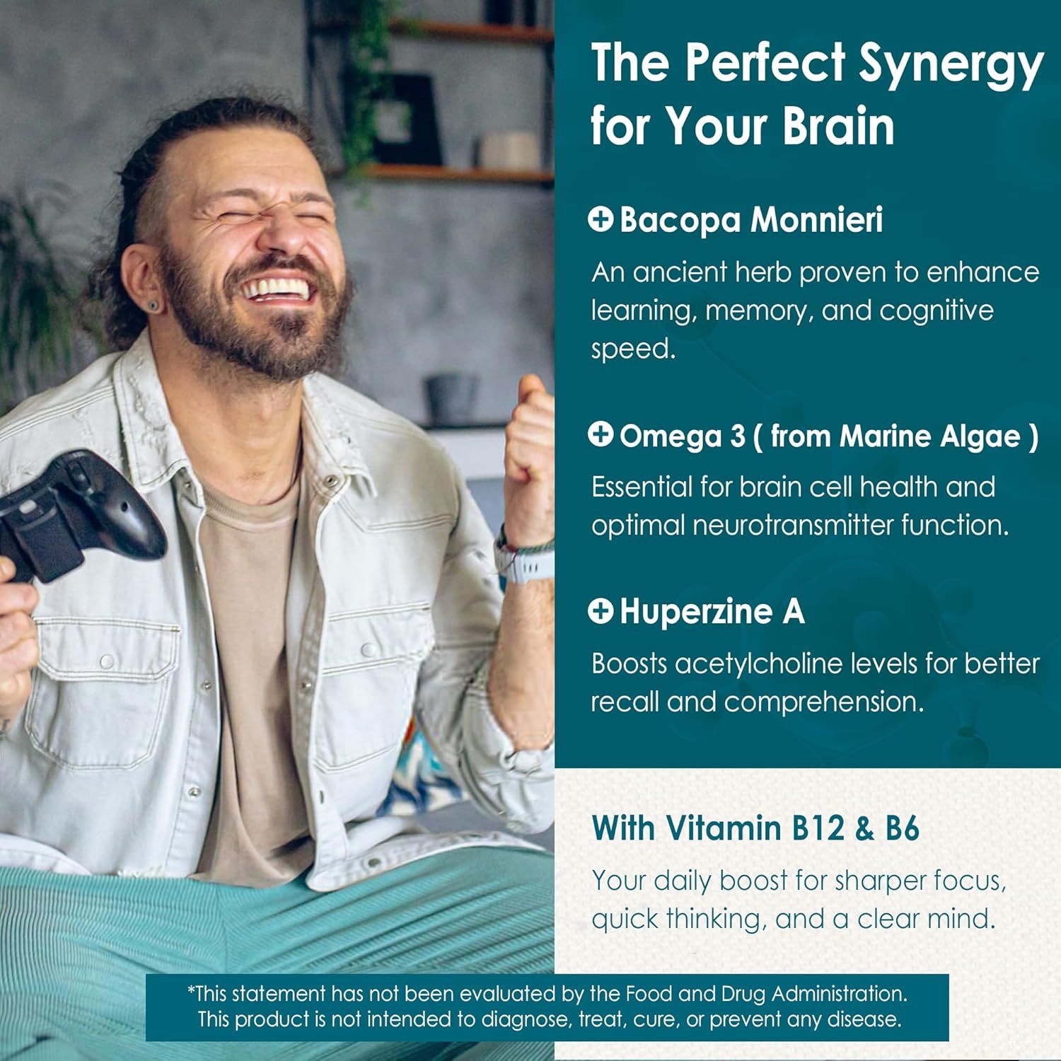 Communicates the multiple brain-enhancing ingredients in the product and their specific cognitive benefits including memory, learning, focus, and neurotransmitter function.