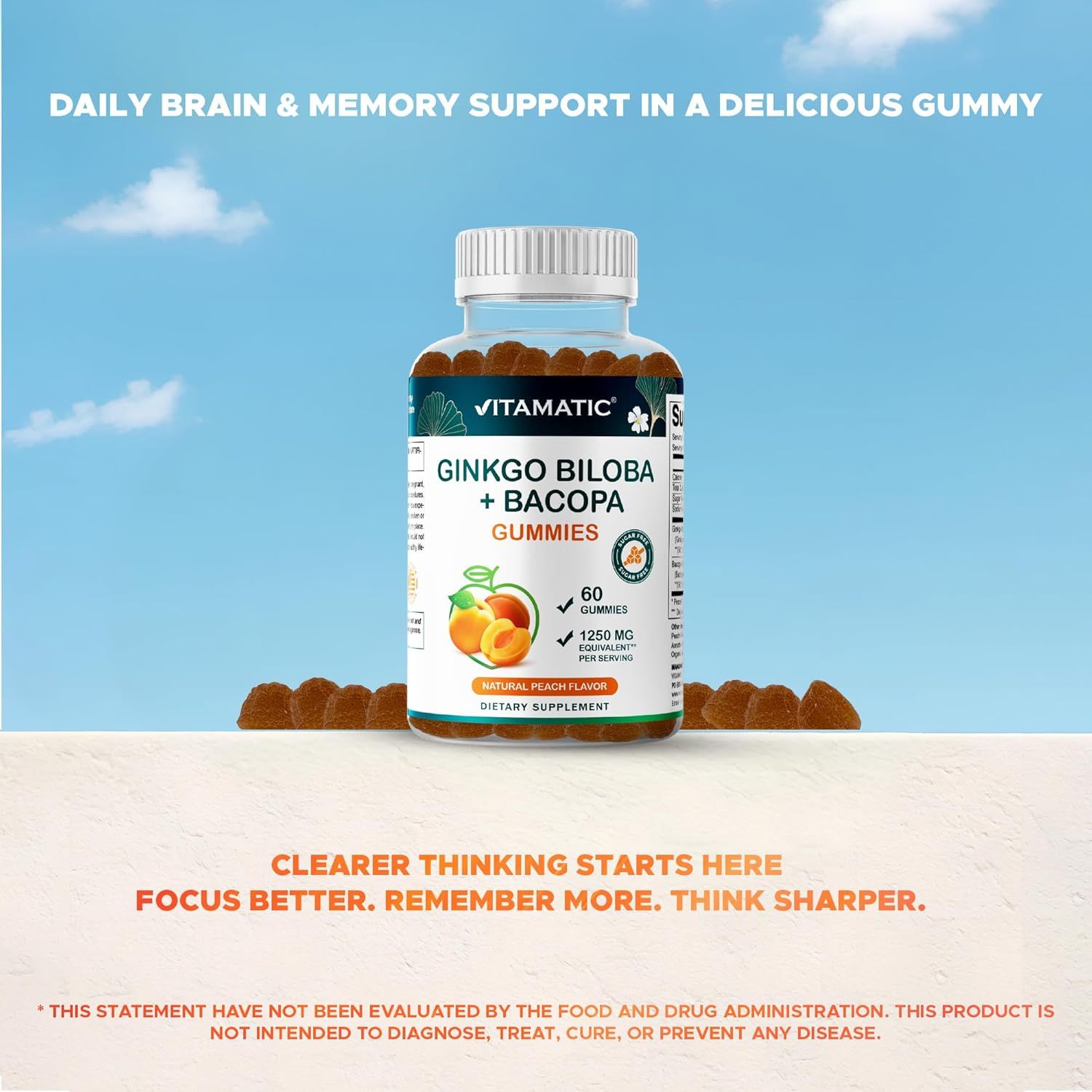 Communicates multiple cognitive benefits of the gummy supplement including brain support, memory enhancement, better focus, and clearer thinking to convince shoppers of the product's comprehensive…