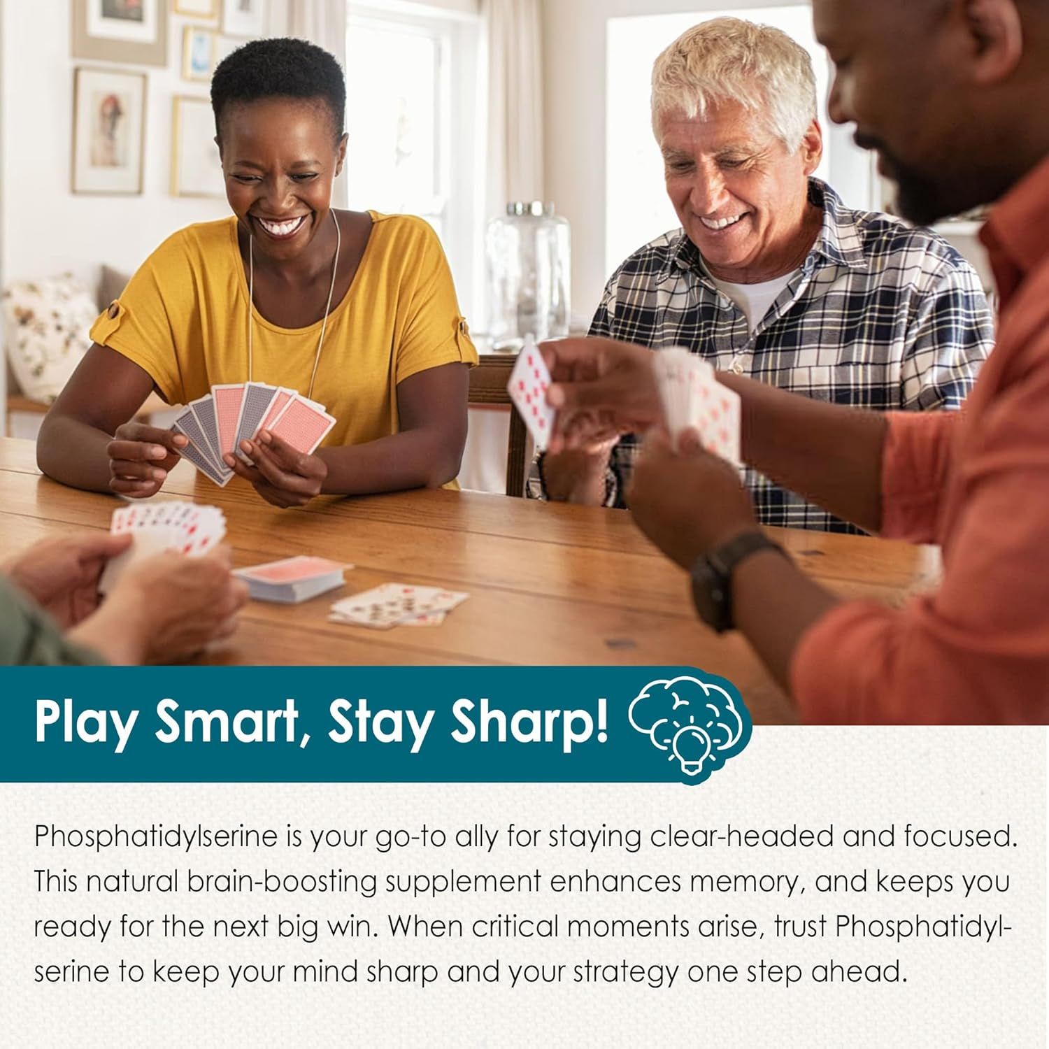 Demonstrates the product's use case for staying mentally sharp during social activities like card games, showing how the supplement helps maintain focus and cognitive performance in real-world…