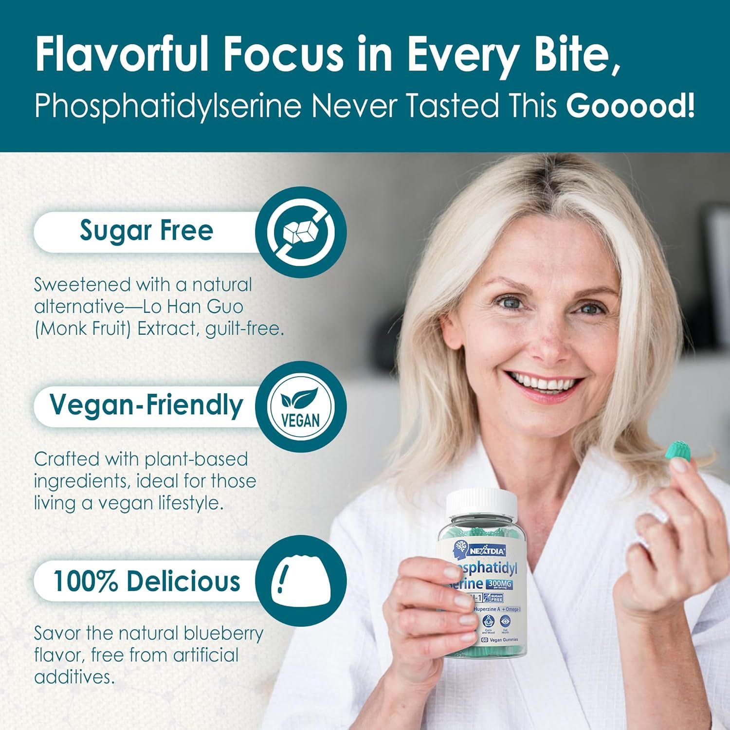 Communicates three key product benefits to shoppers: sugar-free formulation with natural sweetener, vegan-friendly ingredients, and delicious natural blueberry taste without artificial additives.