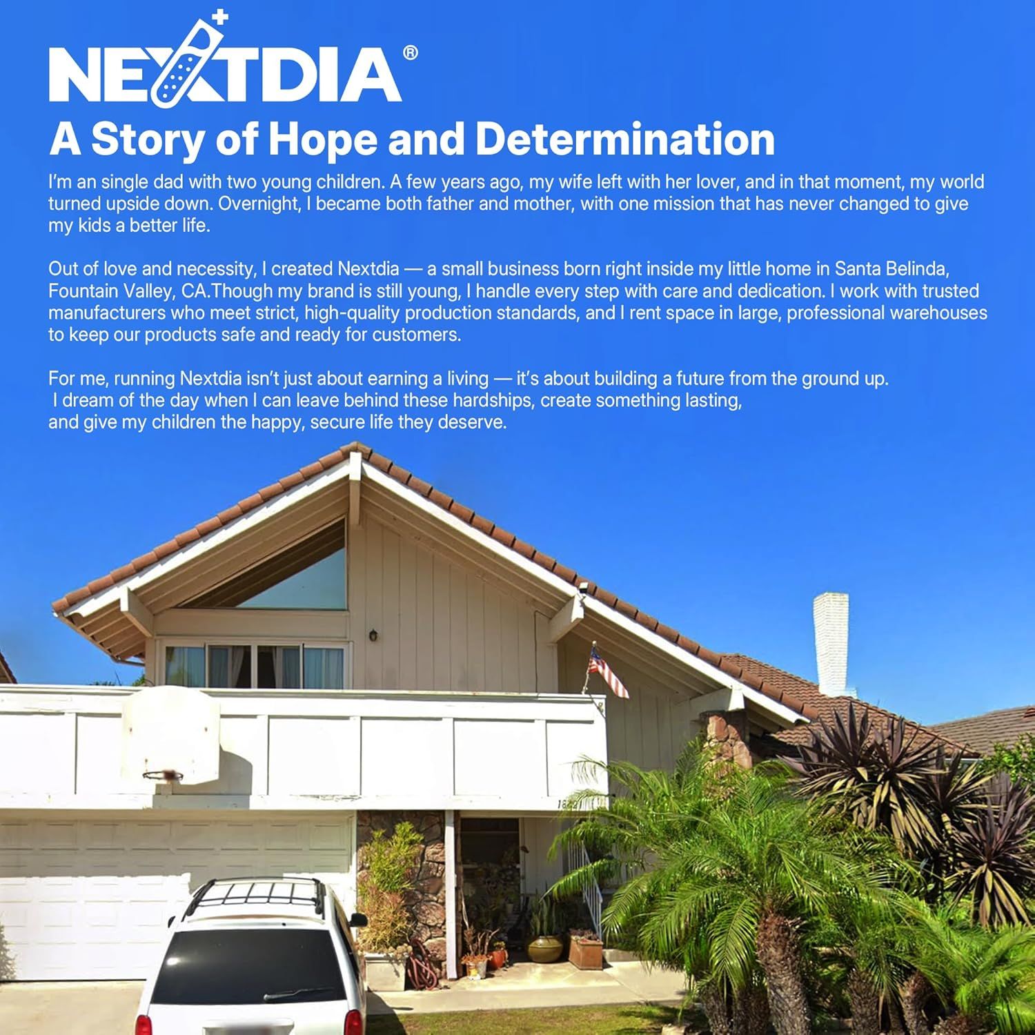 Communicates the emotional brand story and founder's personal mission to build trust and emotional connection with shoppers by sharing the origin and values behind Nextdia.