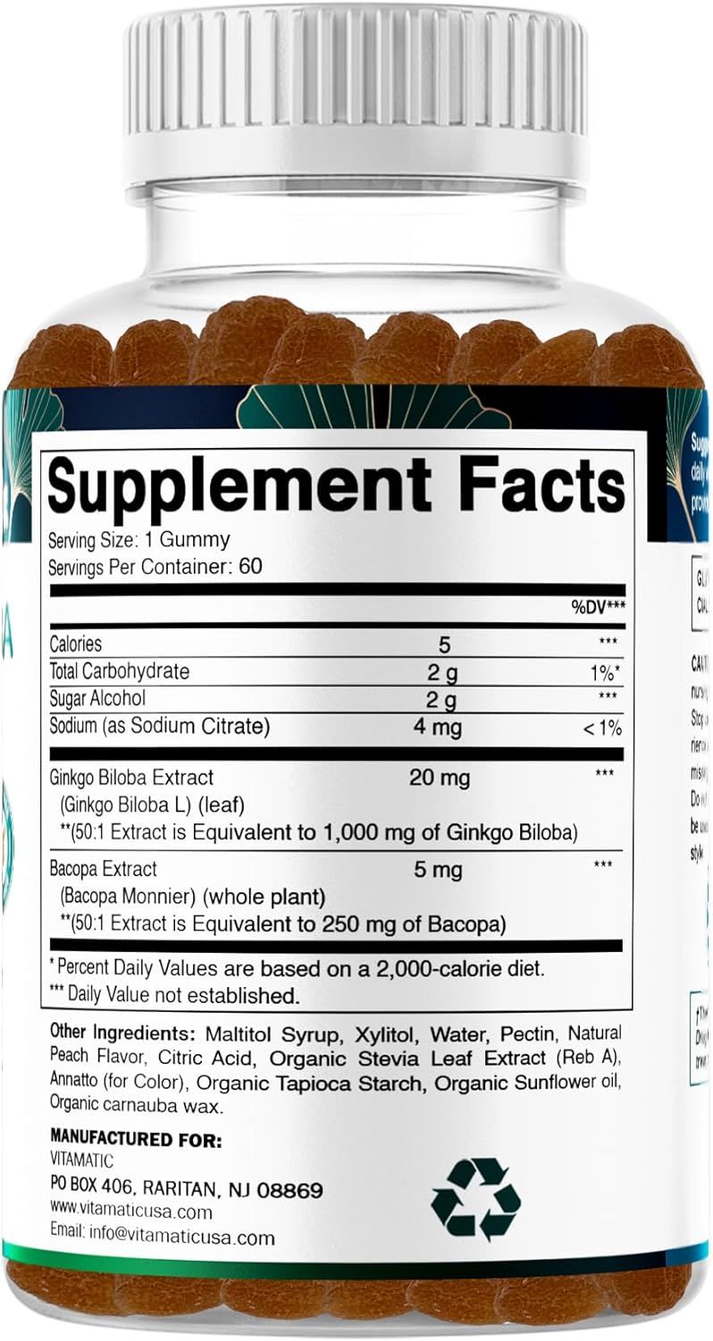 Displays the detailed supplement facts panel so shoppers can review serving size, nutritional content, active ingredients, and other ingredients included in the gummy supplement.