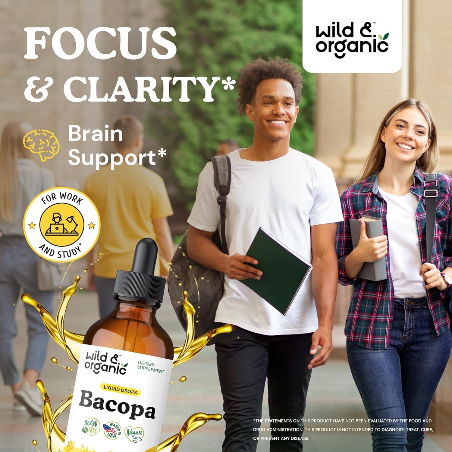 Communicates that the Bacopa supplement supports cognitive function, focus, and mental clarity, particularly for students and professionals who need brain support for work and study.