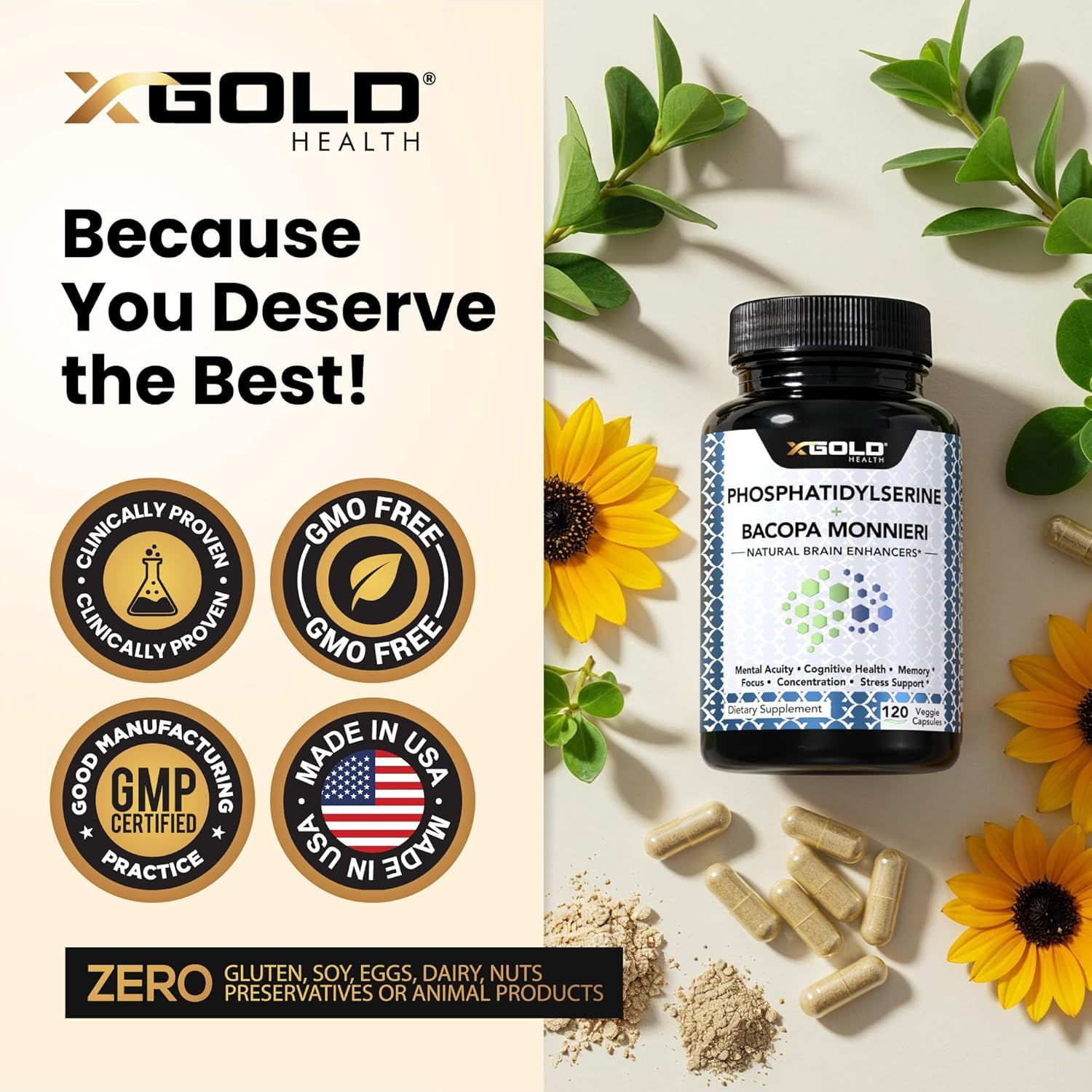 Communicates multiple quality and safety certifications to build trust and reassure shoppers about the product's manufacturing standards and ingredient purity.