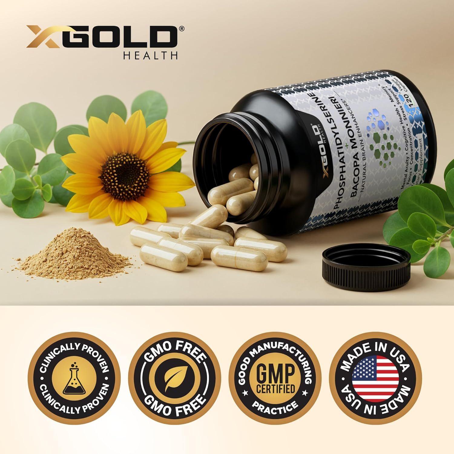 Communicates multiple quality and safety certifications to build trust and reassure shoppers about the product's credibility, manufacturing standards, and ingredient sourcing.
