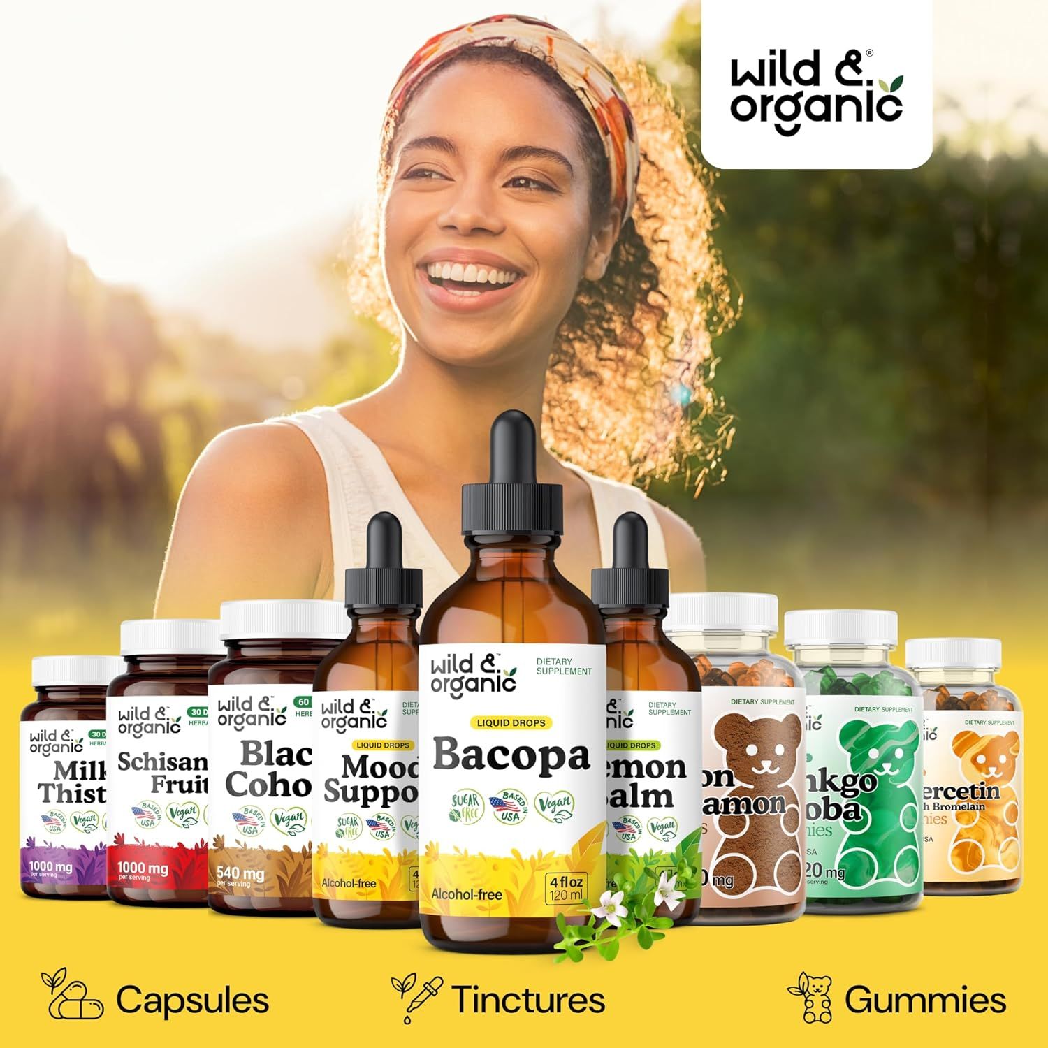Emphasizes the Wild & Organic brand identity and showcases the full product line across multiple formats (capsules, tinctures, gummies) to build trust and demonstrate the breadth of offerings.