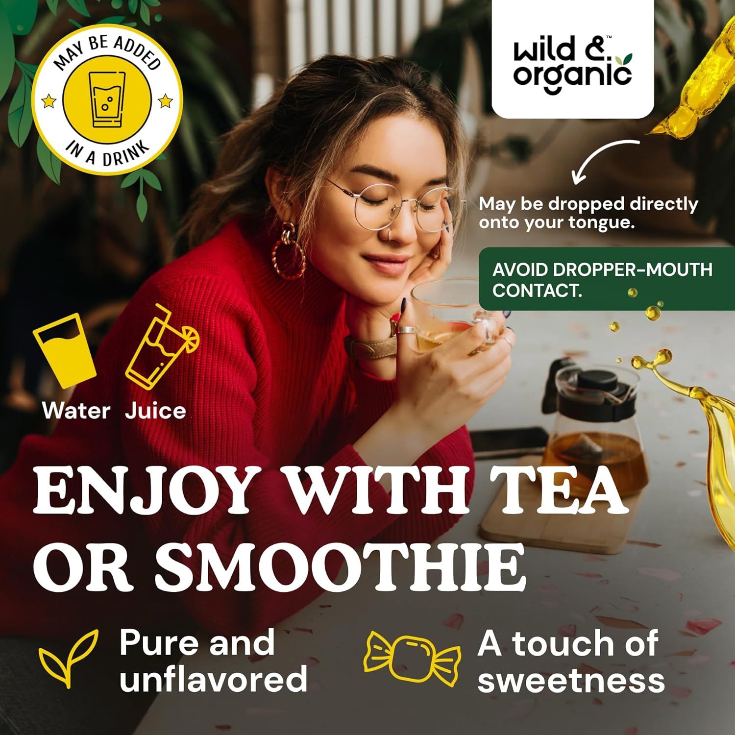 Communicates multiple ways to use the product and its key benefits including versatility in beverages, purity, and sweetness options to help shoppers understand application flexibility.