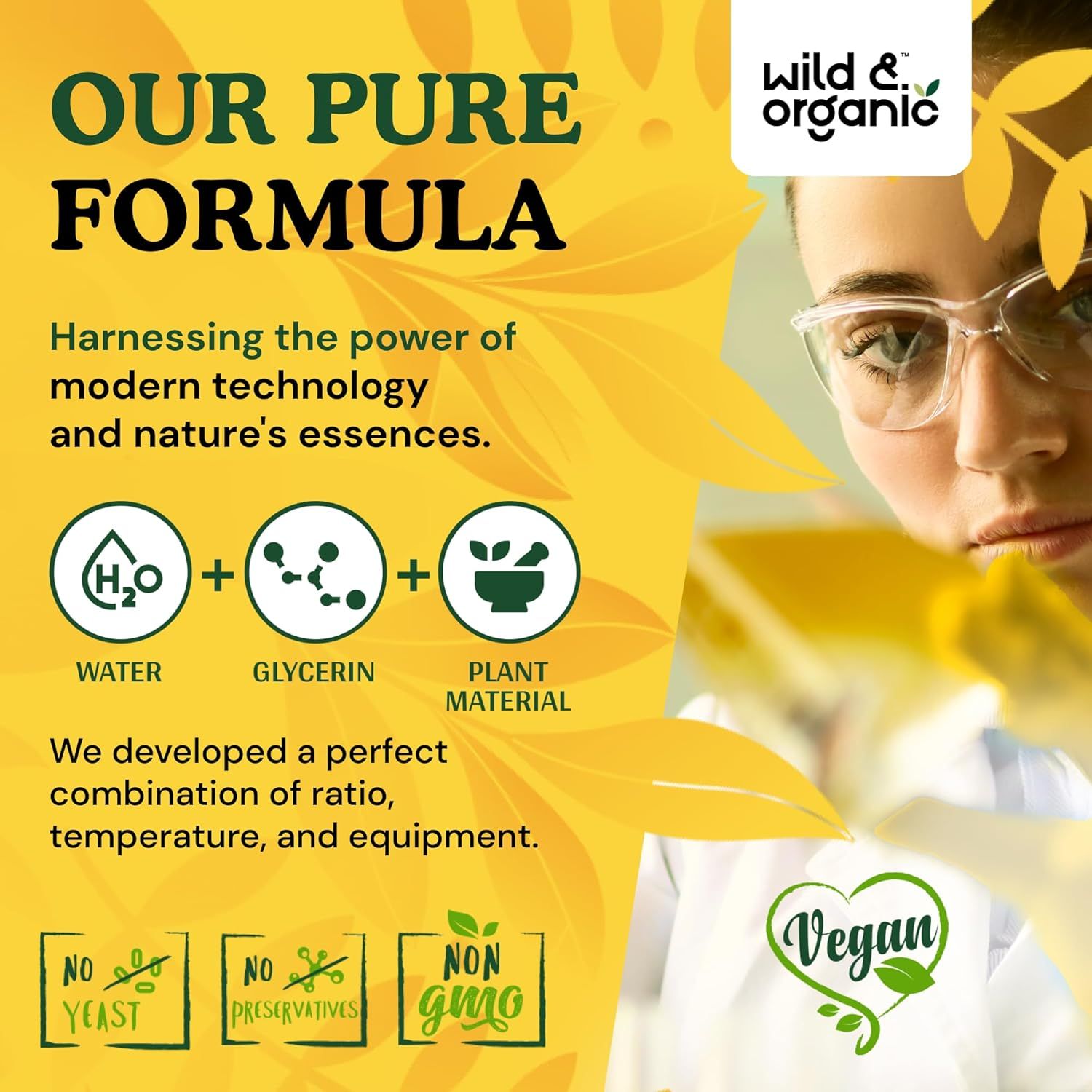 Communicates the product's clean formula by highlighting multiple natural ingredients and what it excludes, reassuring shoppers about the purity and ethical standards of the product.