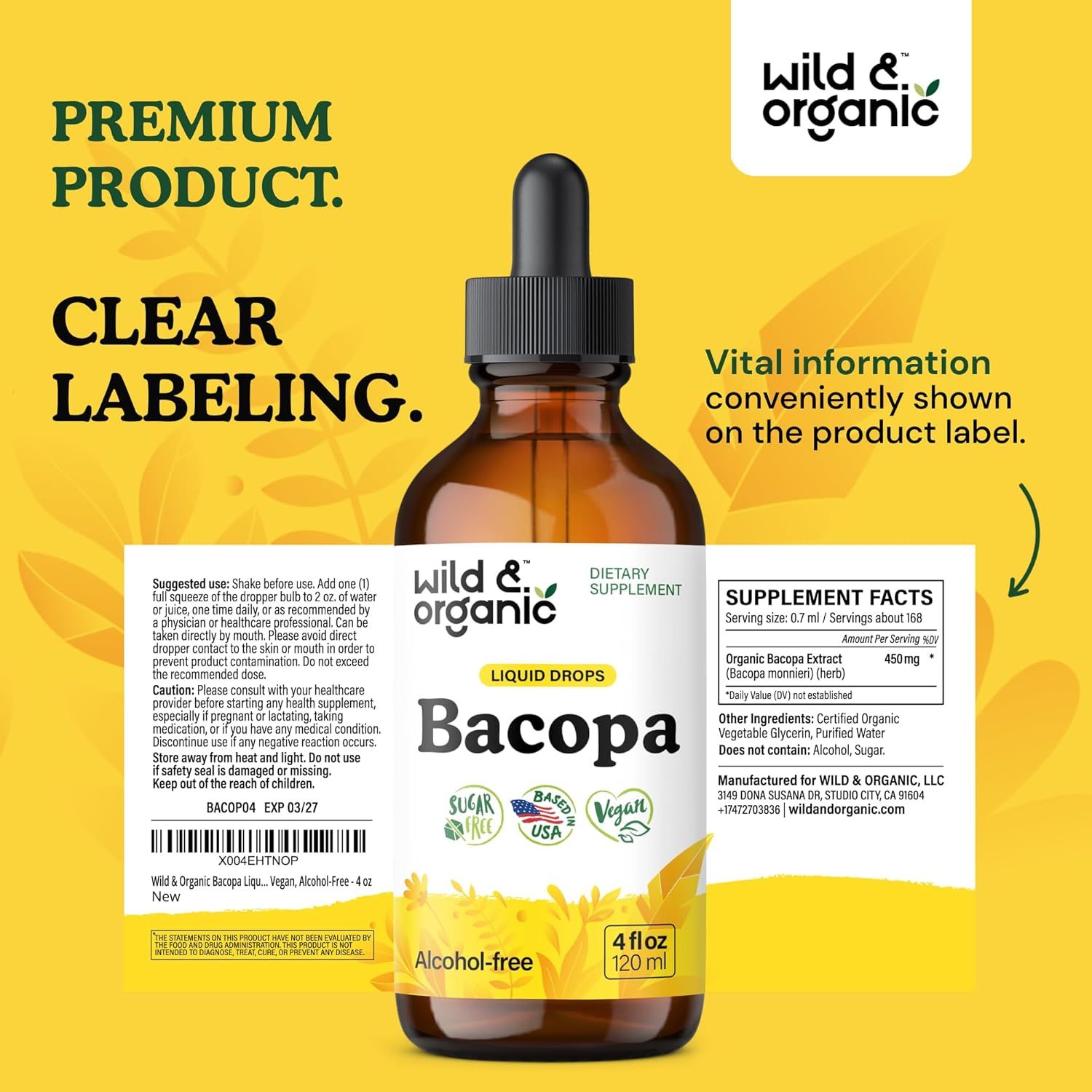 Communicates that the product has transparent, easy-to-read labeling with all vital information displayed on the bottle, building trust and reassuring shoppers about product transparency.