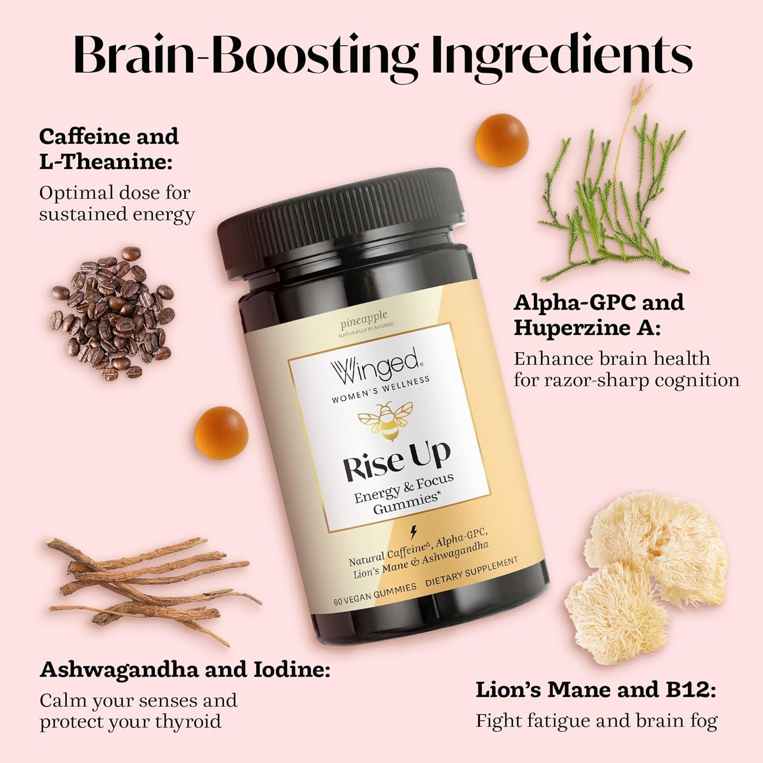 Showcases multiple brain-boosting ingredients and their specific benefits to communicate the comprehensive cognitive and energy support provided by the supplement.