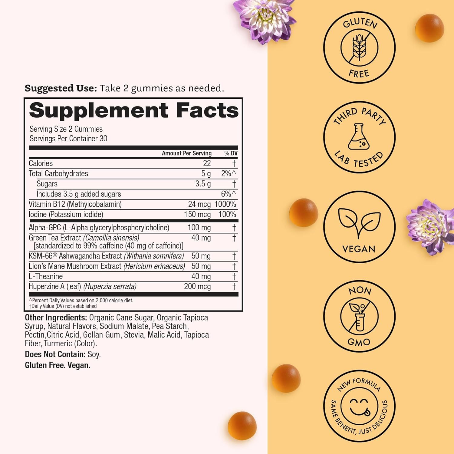 Communicates multiple product certifications and benefits to reassure shoppers about quality, dietary compatibility, and safety standards.