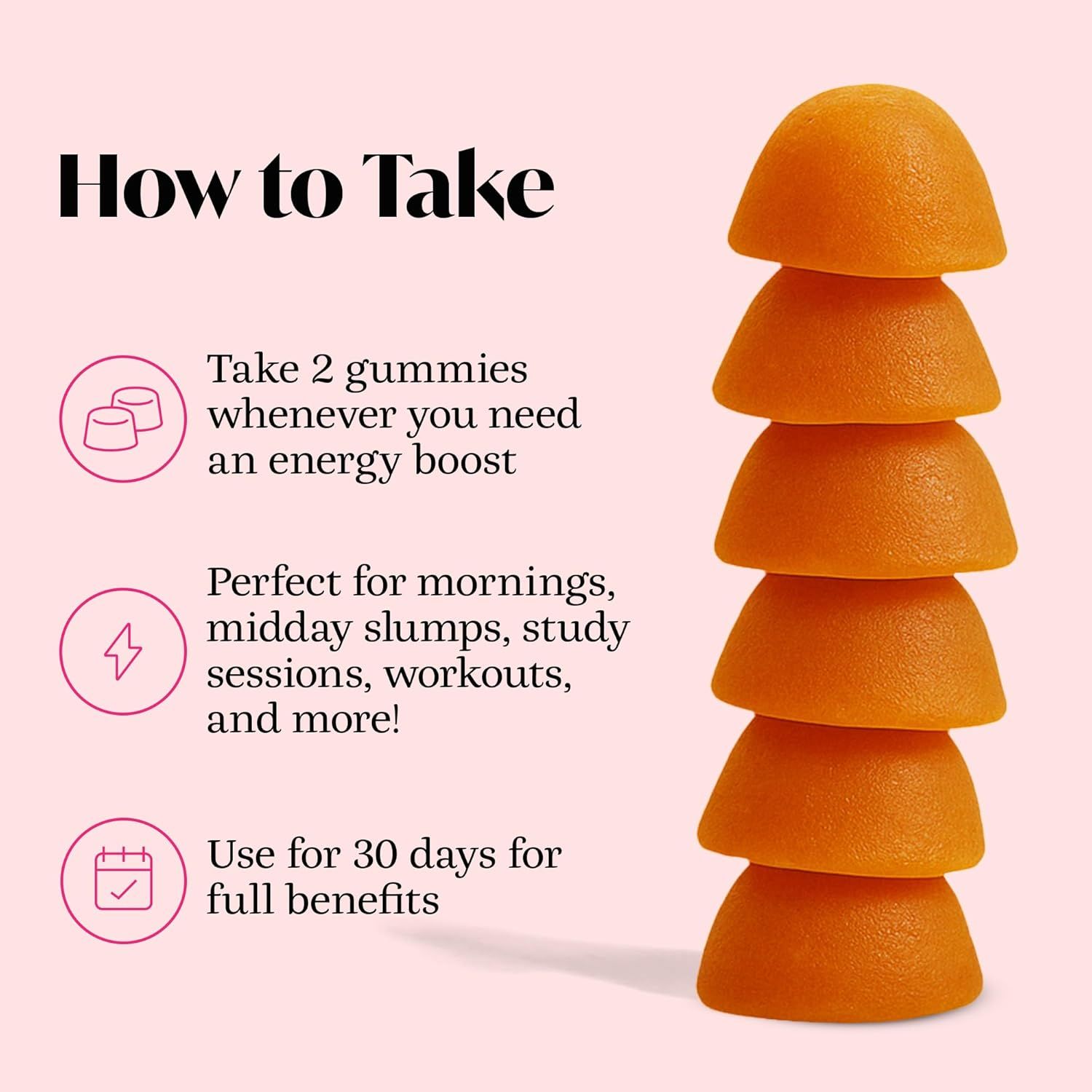 Explains how to use the gummy product by providing clear dosage instructions and usage scenarios to help customers understand when and how to take the product for optimal results.