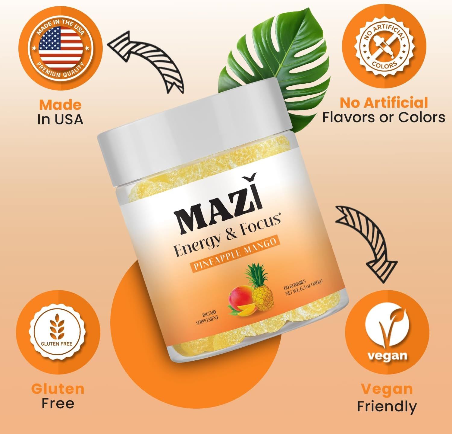 Communicates multiple product benefits including manufacturing origin, natural ingredients, and dietary compatibility to reassure health-conscious shoppers about quality and suitability.