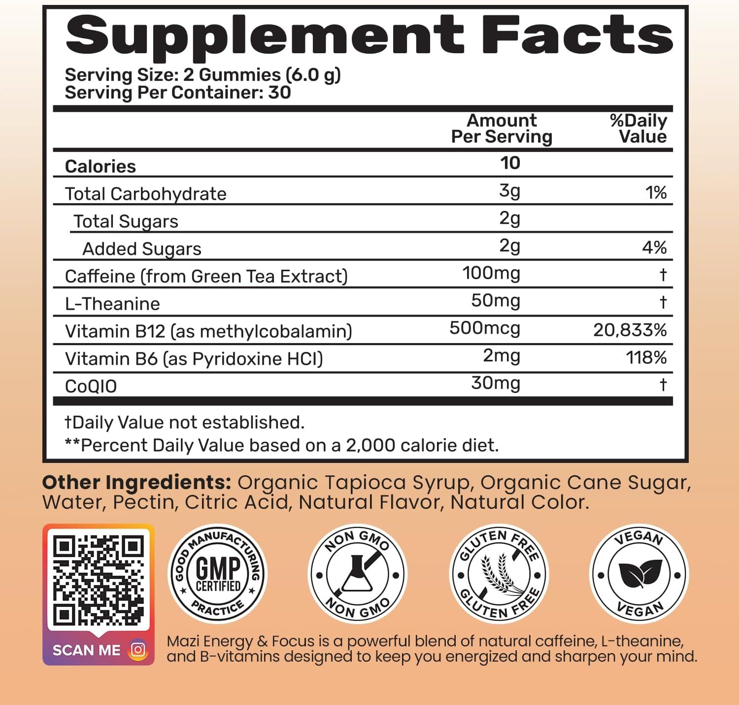 Communicates the nutritional information and key active ingredients in the gummies, along with certifications like GMP, Non-GMO, Gluten Free, and Vegan to build trust and inform shoppers about what…