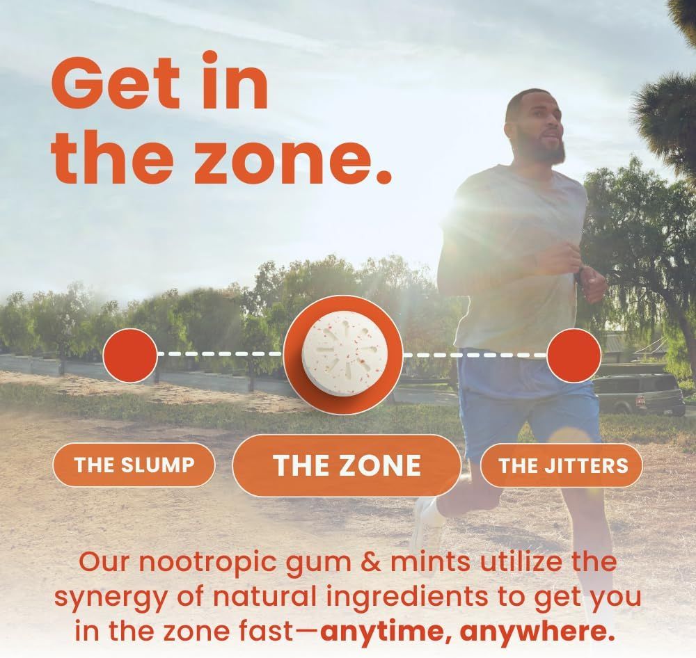 Communicates that the nootropic gum and mints help users achieve optimal mental focus and performance quickly in any setting.