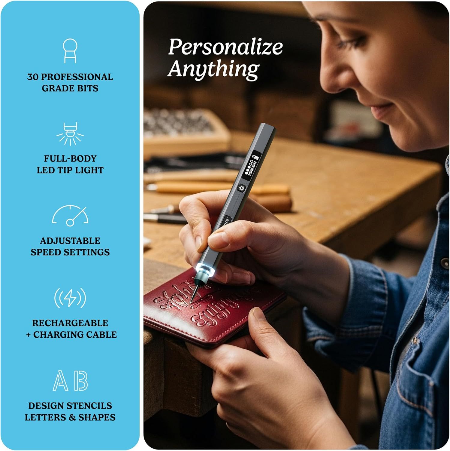 Showcases five key features of the engraving tool to demonstrate its versatility and professional capabilities for personalization projects.