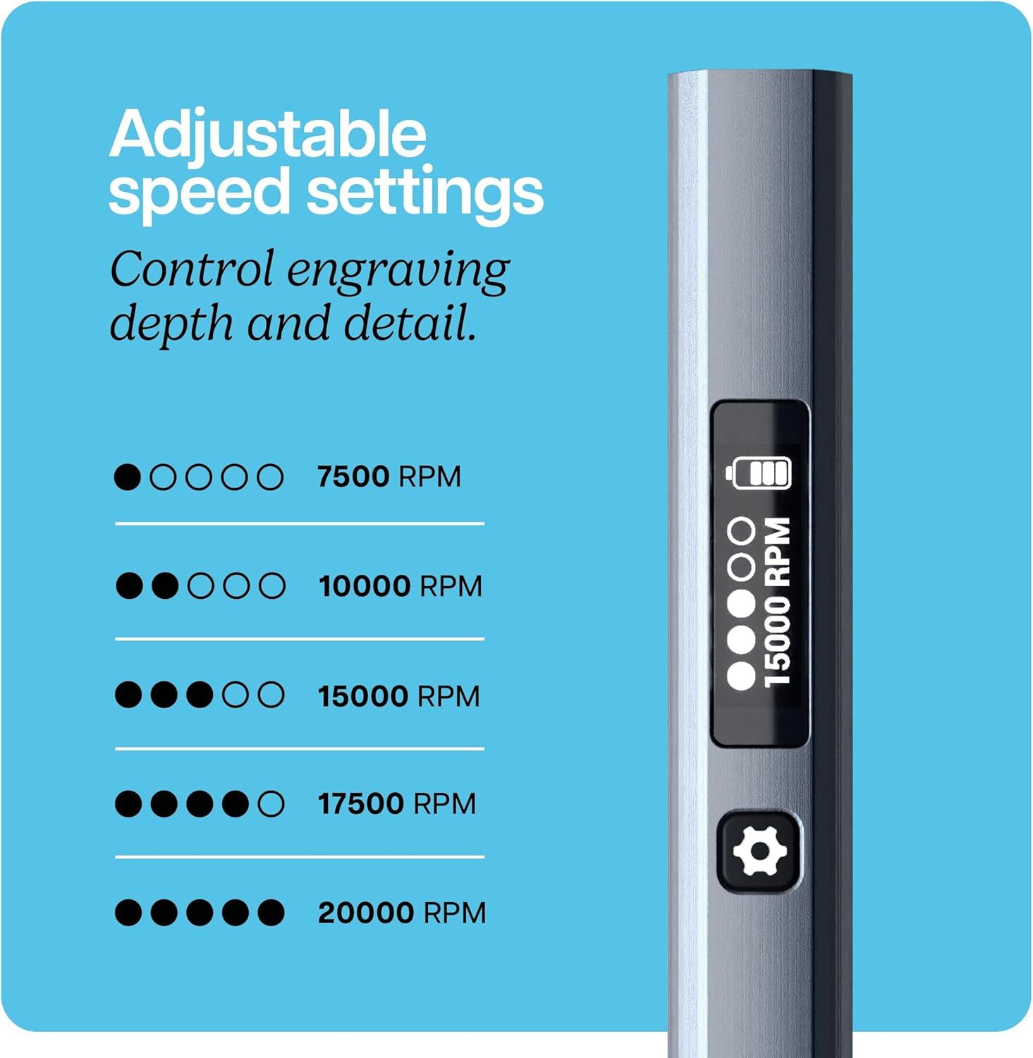 Communicates that the product offers multiple speed settings (7500-20000 RPM) to control engraving depth and detail, giving users precision and customization options.