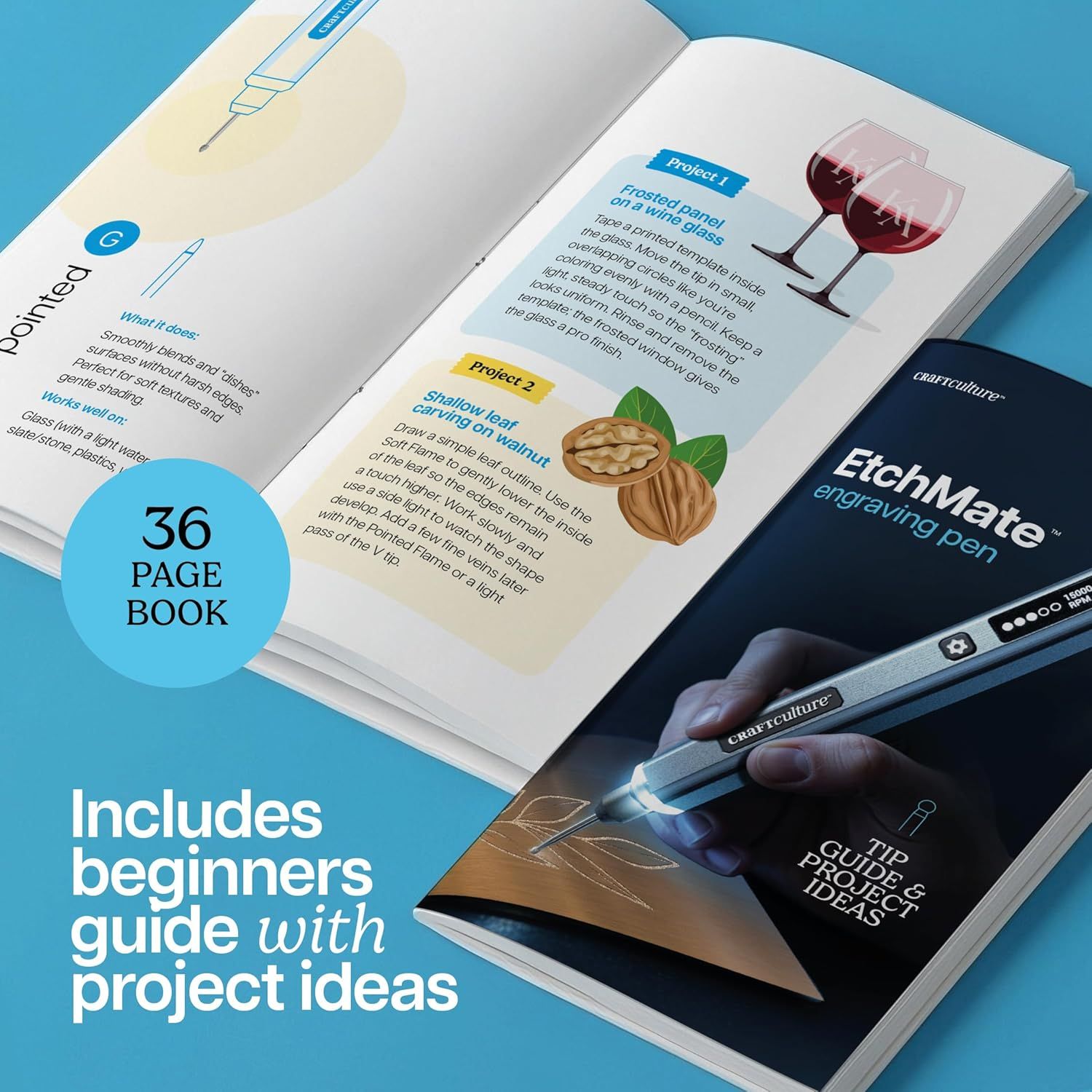 Shows that the product includes a comprehensive 36-page instructional book with beginner-friendly guidance and project ideas to help users get started.