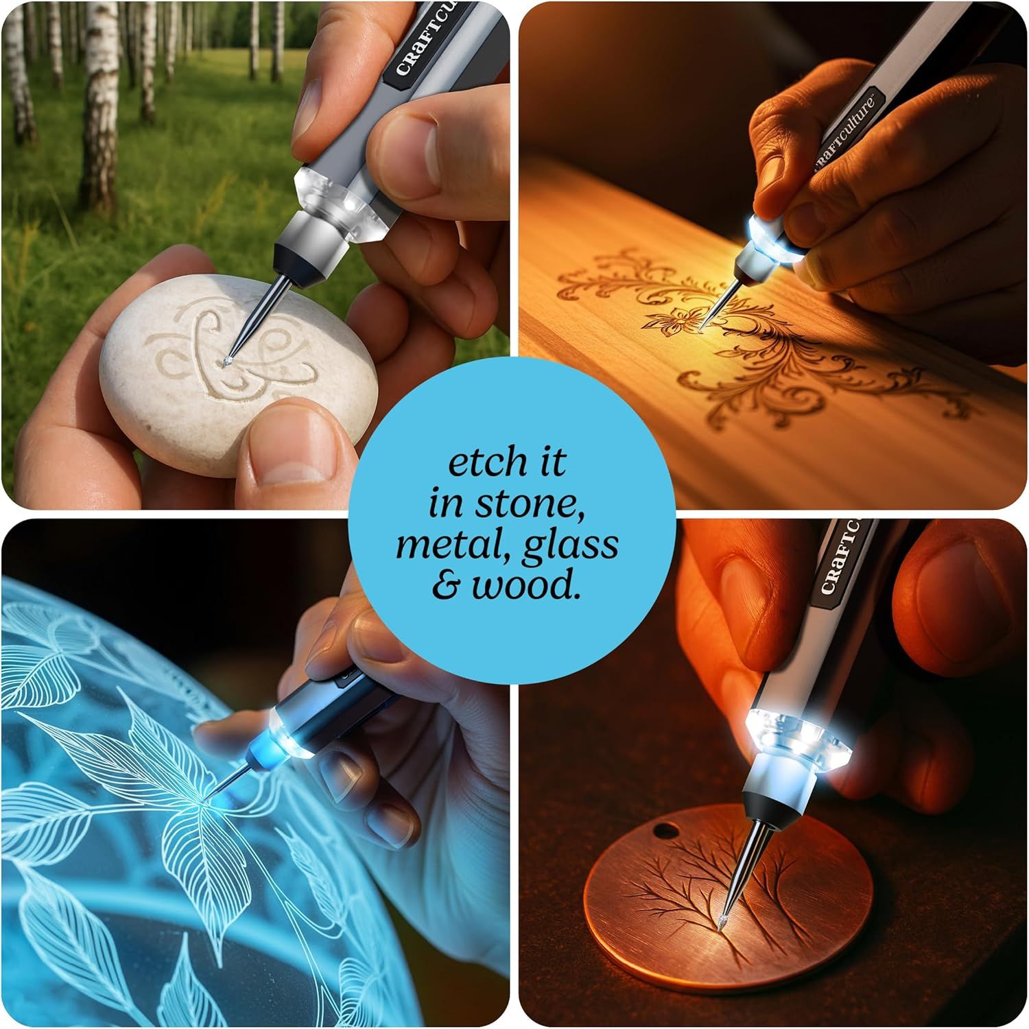 Demonstrates the versatility of the engraving tool by showing it can etch designs on stone, metal, glass, and wood, helping shoppers understand the wide range of creative projects they can accomplish.