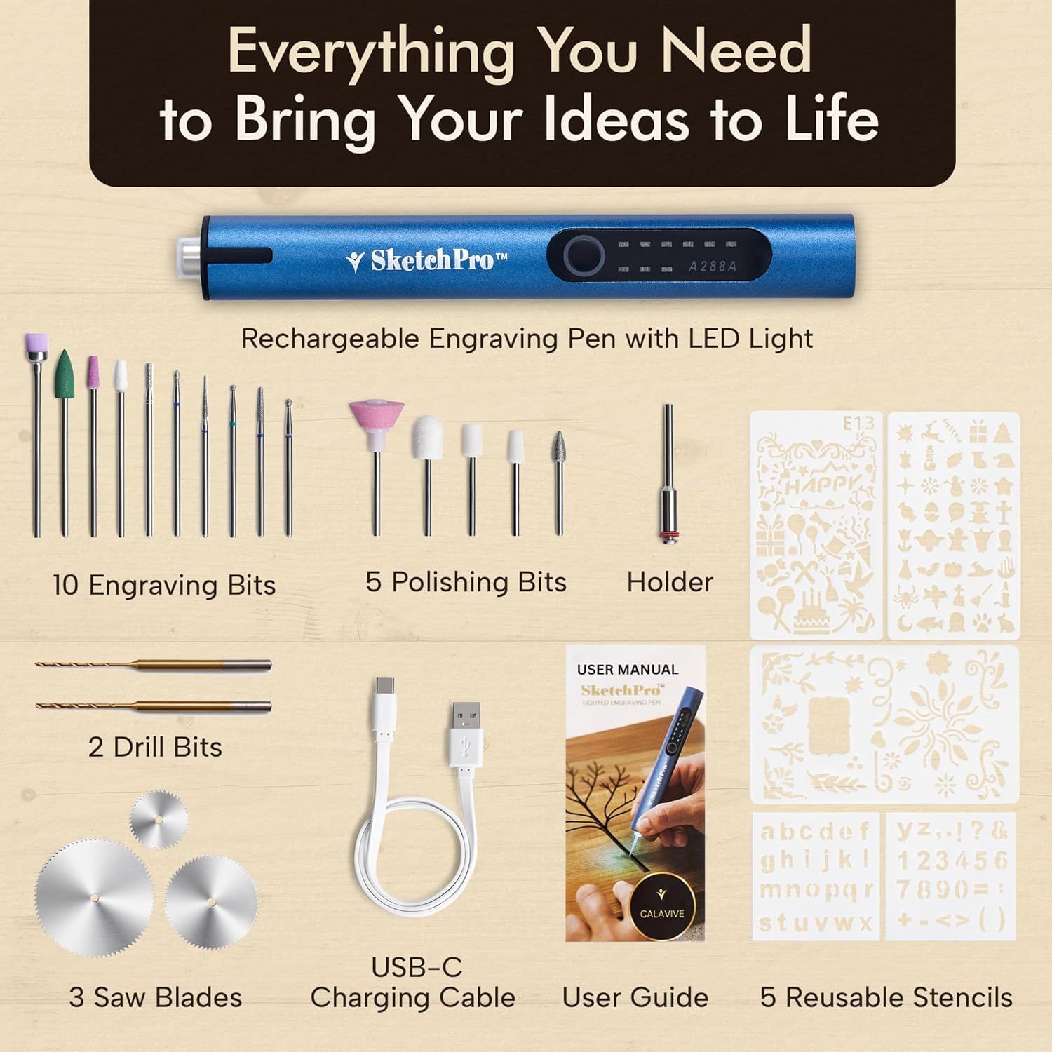 Shows everything included in the package to help shoppers understand the full value and completeness of the engraving pen kit they will receive.