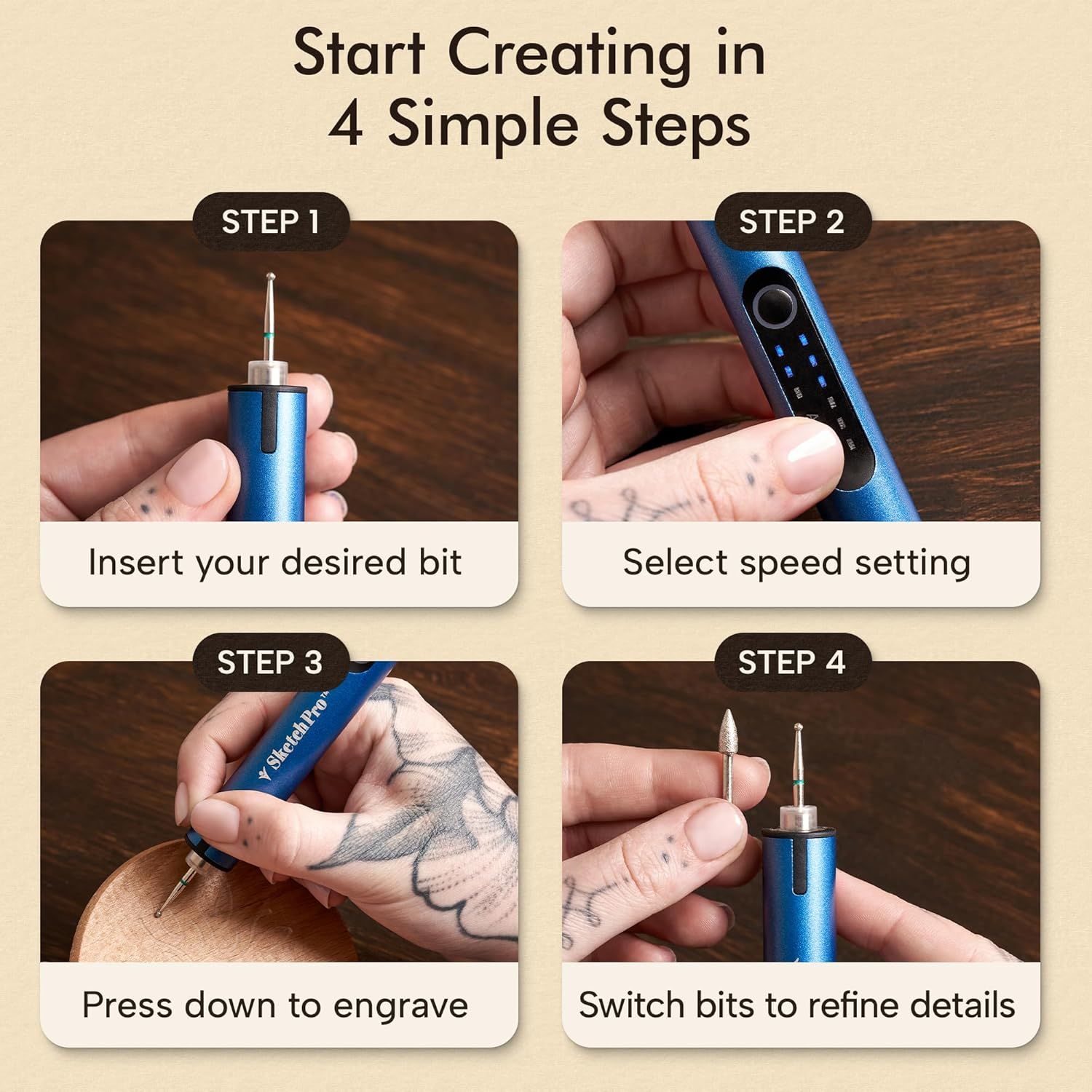 This image provides clear step-by-step instructions on how to use the engraving tool, reducing friction during onboarding and helping customers understand the complete usage process from inserting…