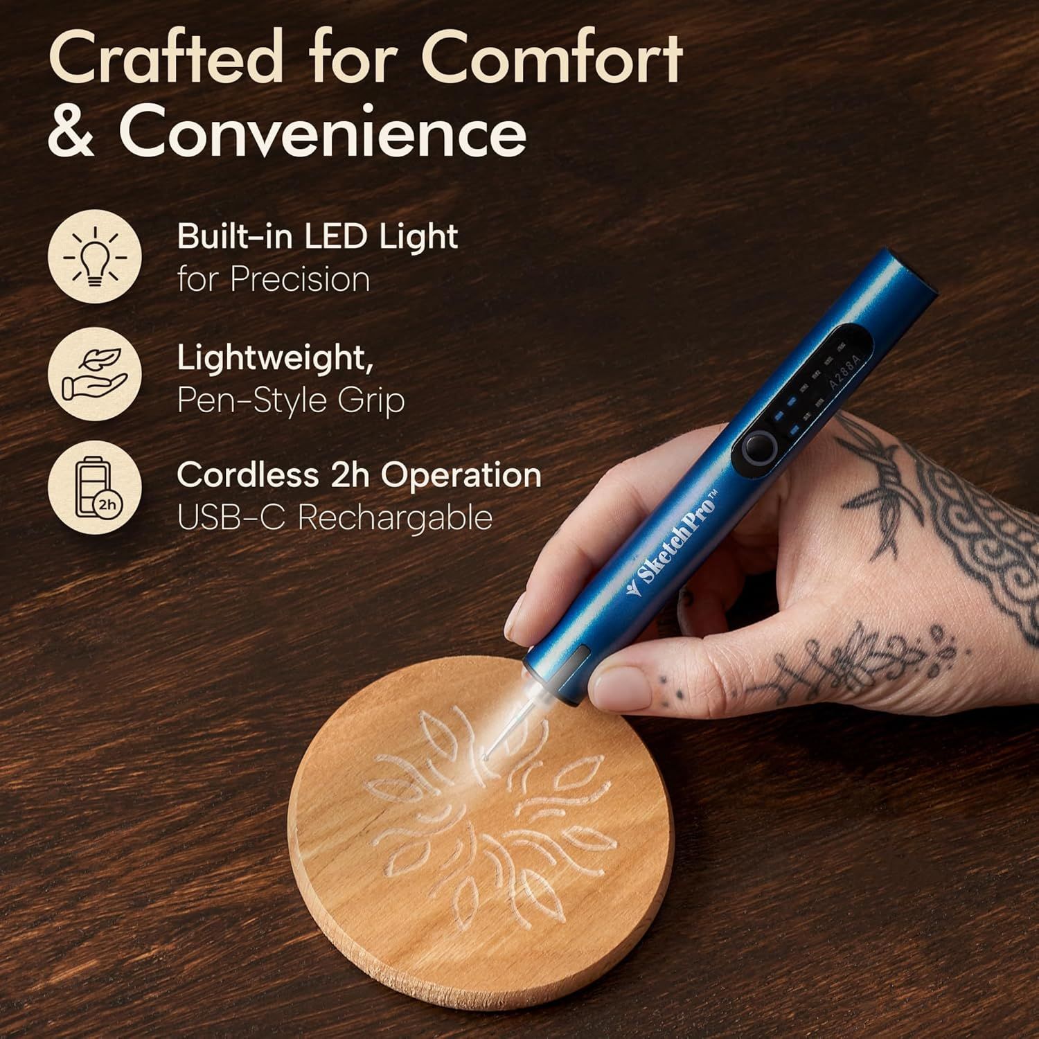 Showcases multiple key features of the engraving tool to communicate comfort, convenience, and functionality, helping shoppers understand the product's versatility and ease of use.